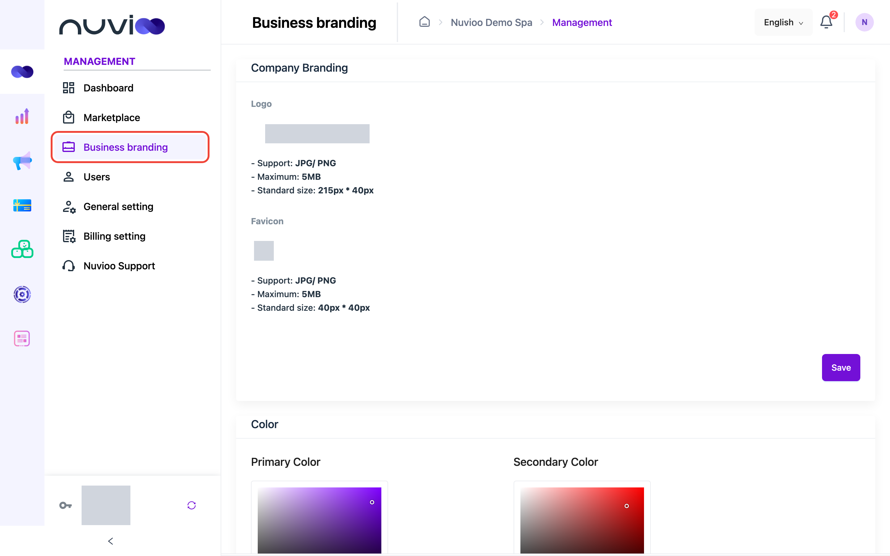 Business branding page with Company Branding (logo and favicon) and Color (primary and secondary color)
