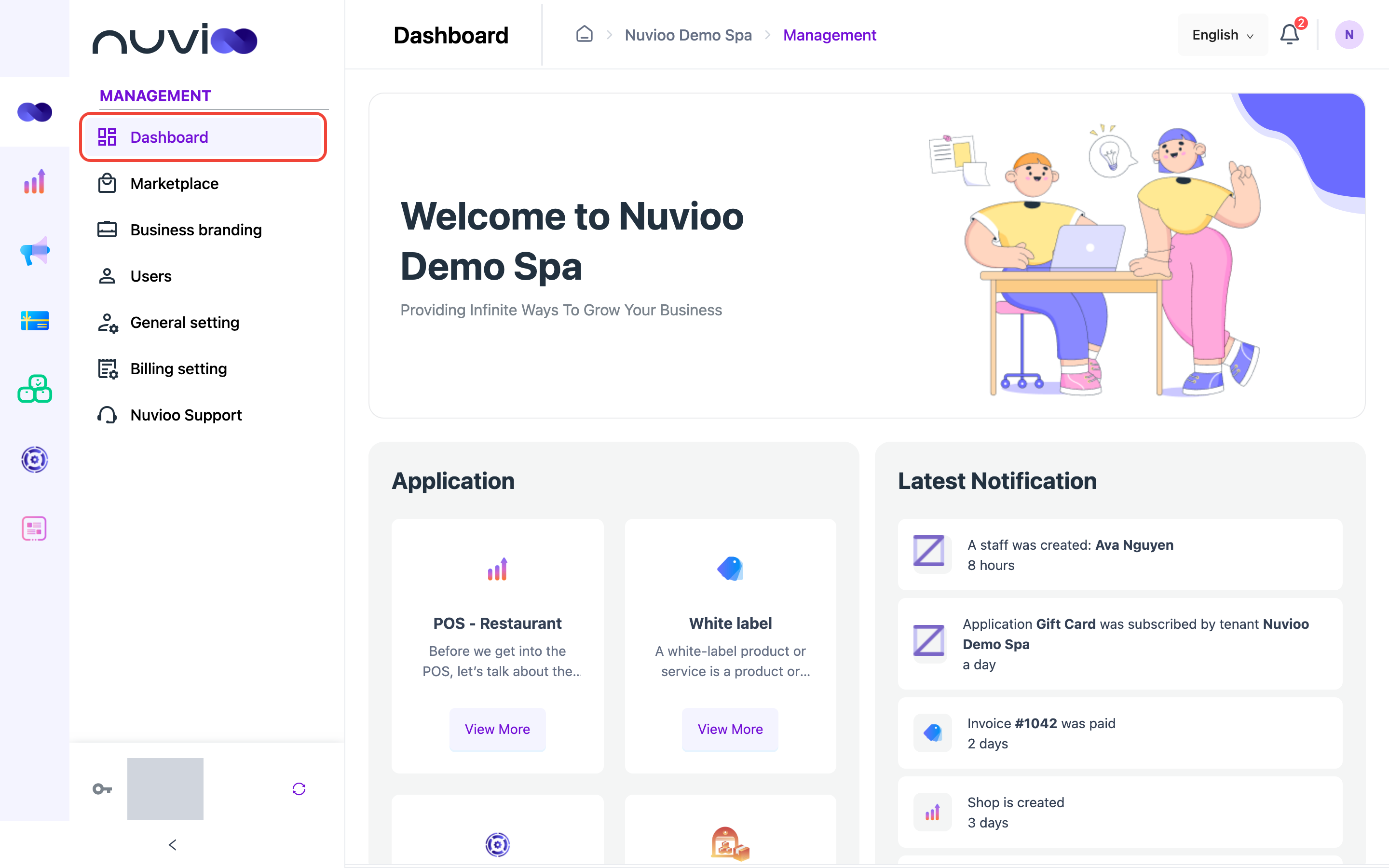 Dashboard with the welcome banner, Application cards and Latest Notification list