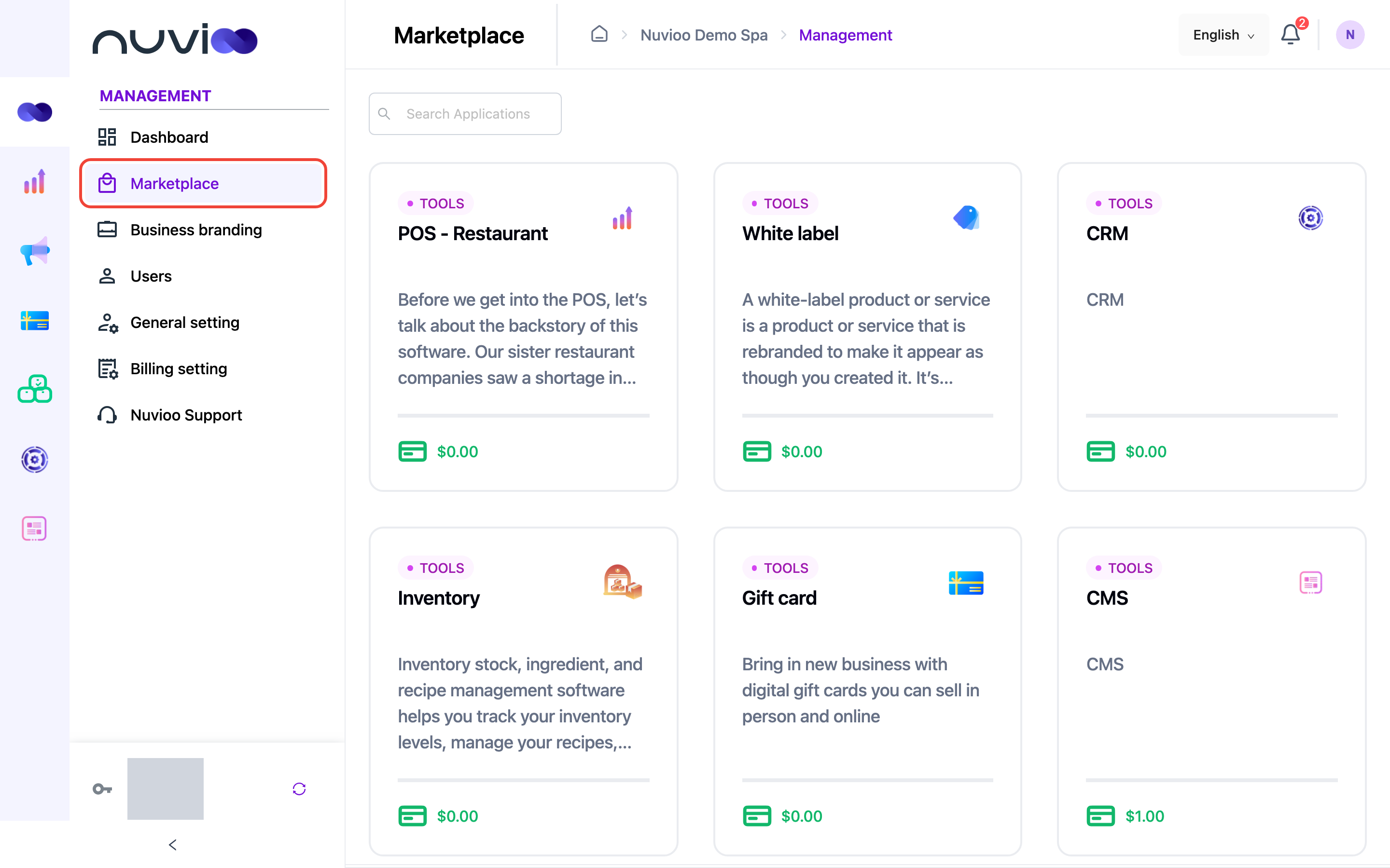 Marketplace with app cards for POS, White label, CRM, Inventory, Gift card and CMS