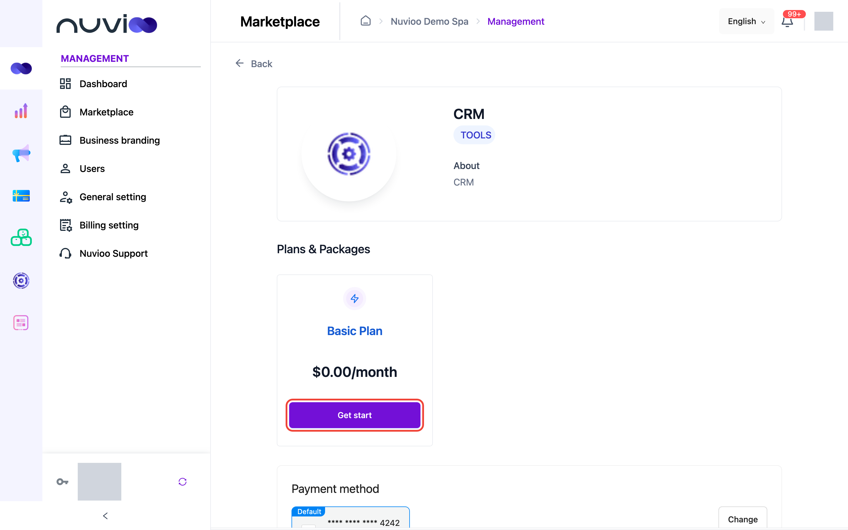 CRM app page with the Basic Plan card and its Get start button highlighted