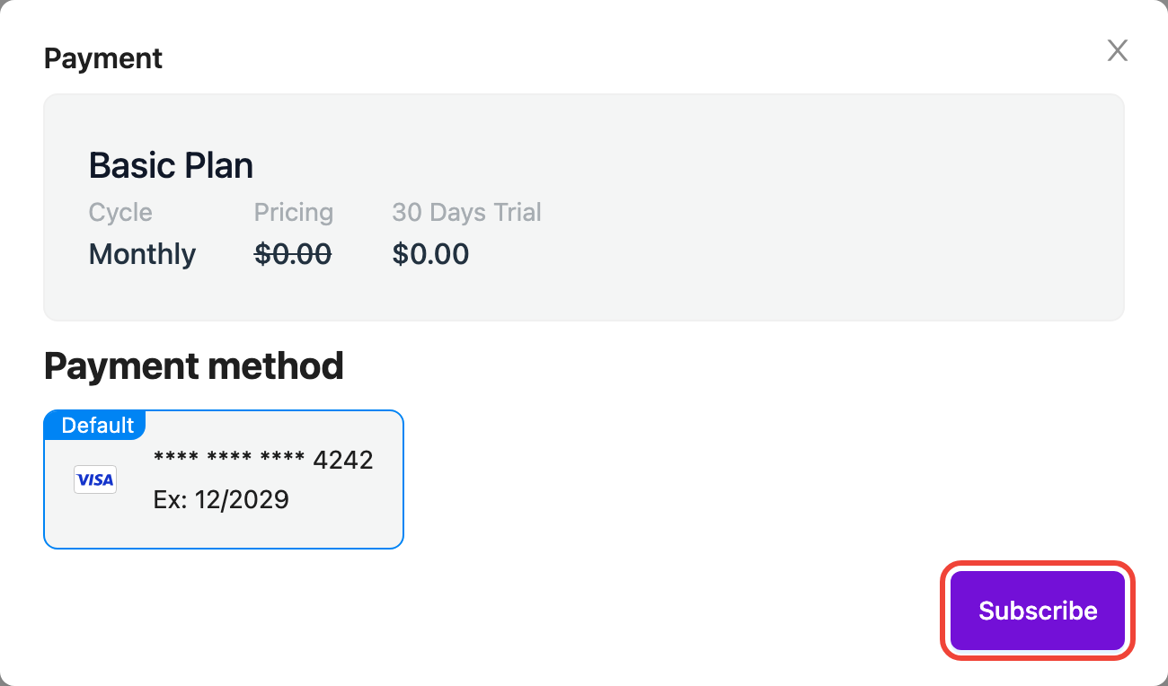 Payment window for the Basic Plan: Cycle Monthly, the price crossed out, 30 Days Trial, the default Visa card, and the Subscribe button highlighted