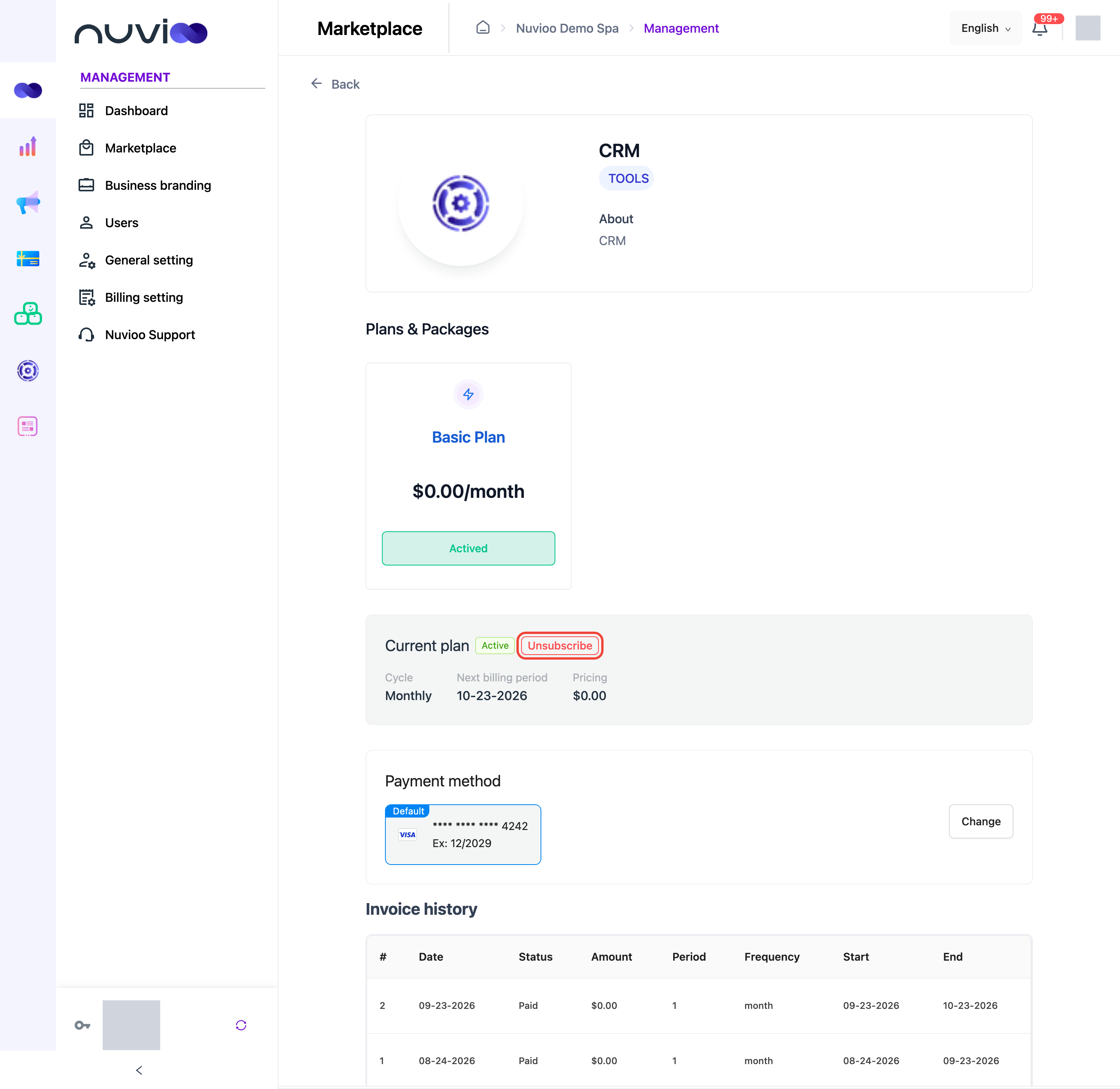 CRM app page with the plan marked Actived, Current plan Active with Cycle, Next billing period and Pricing, the default card, and Invoice history (sample data)