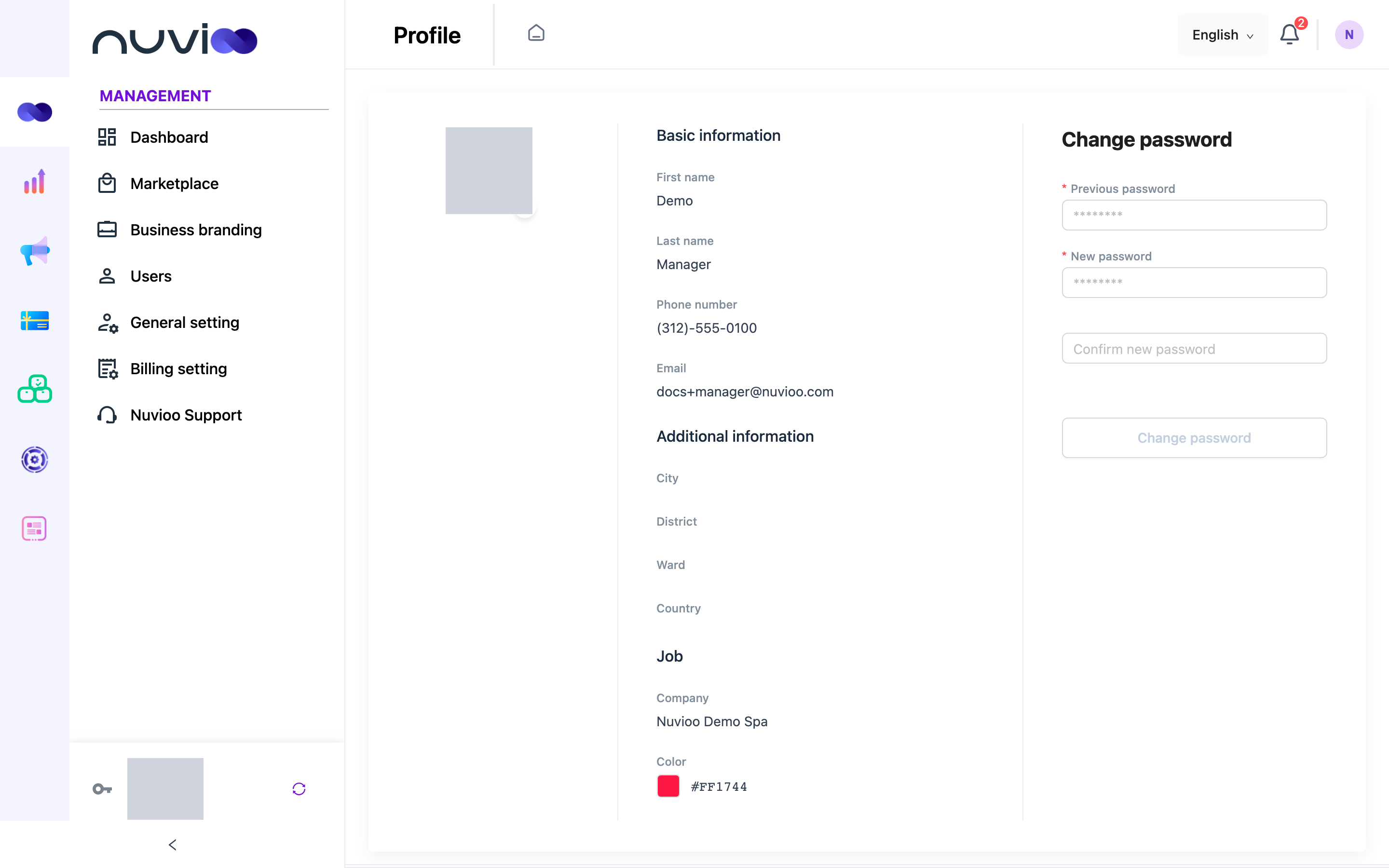 Profile page with Basic information, Additional information, Job and Change password
