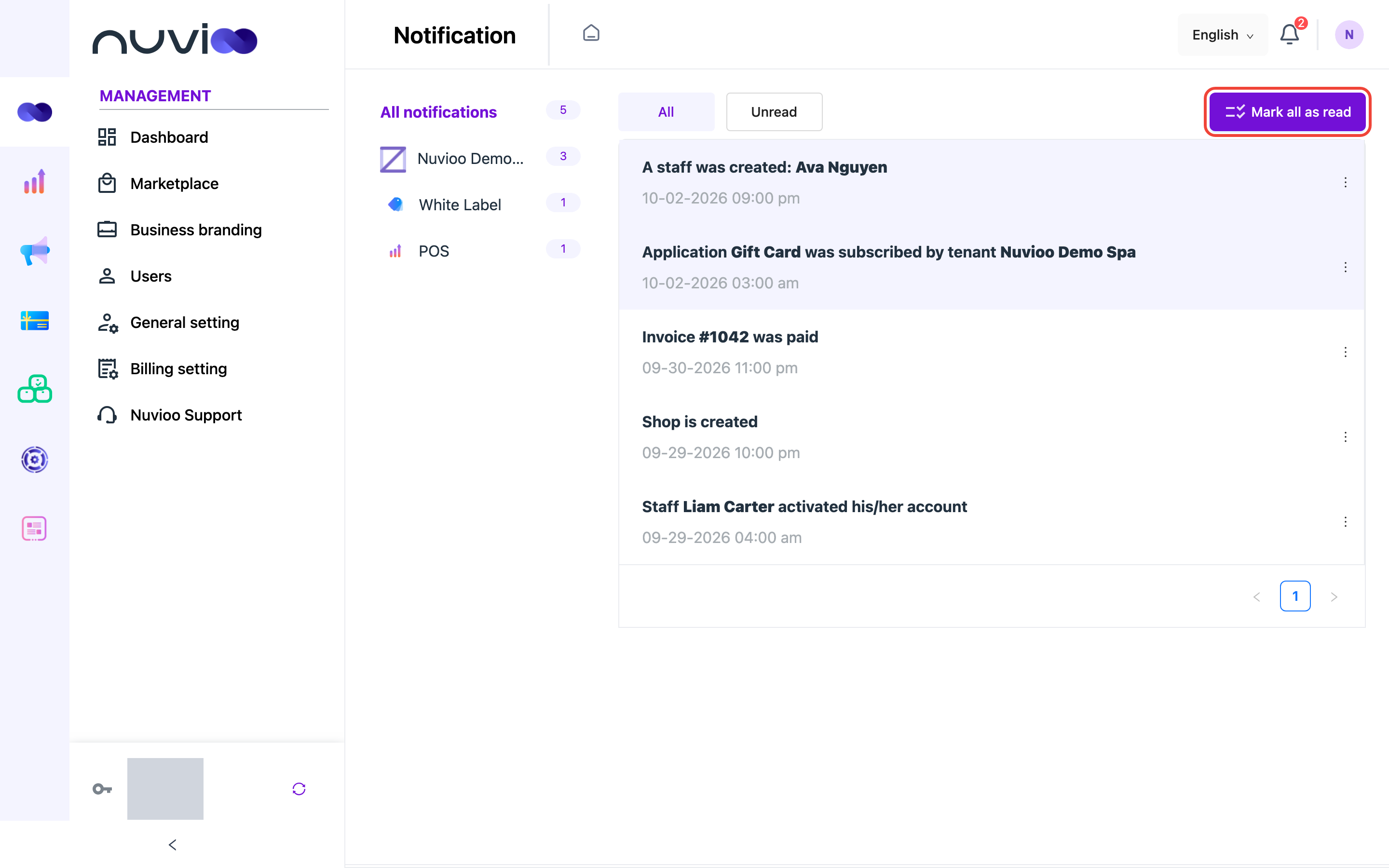 Notifications page with counts by module on the left and the notification list with Mark all as read
