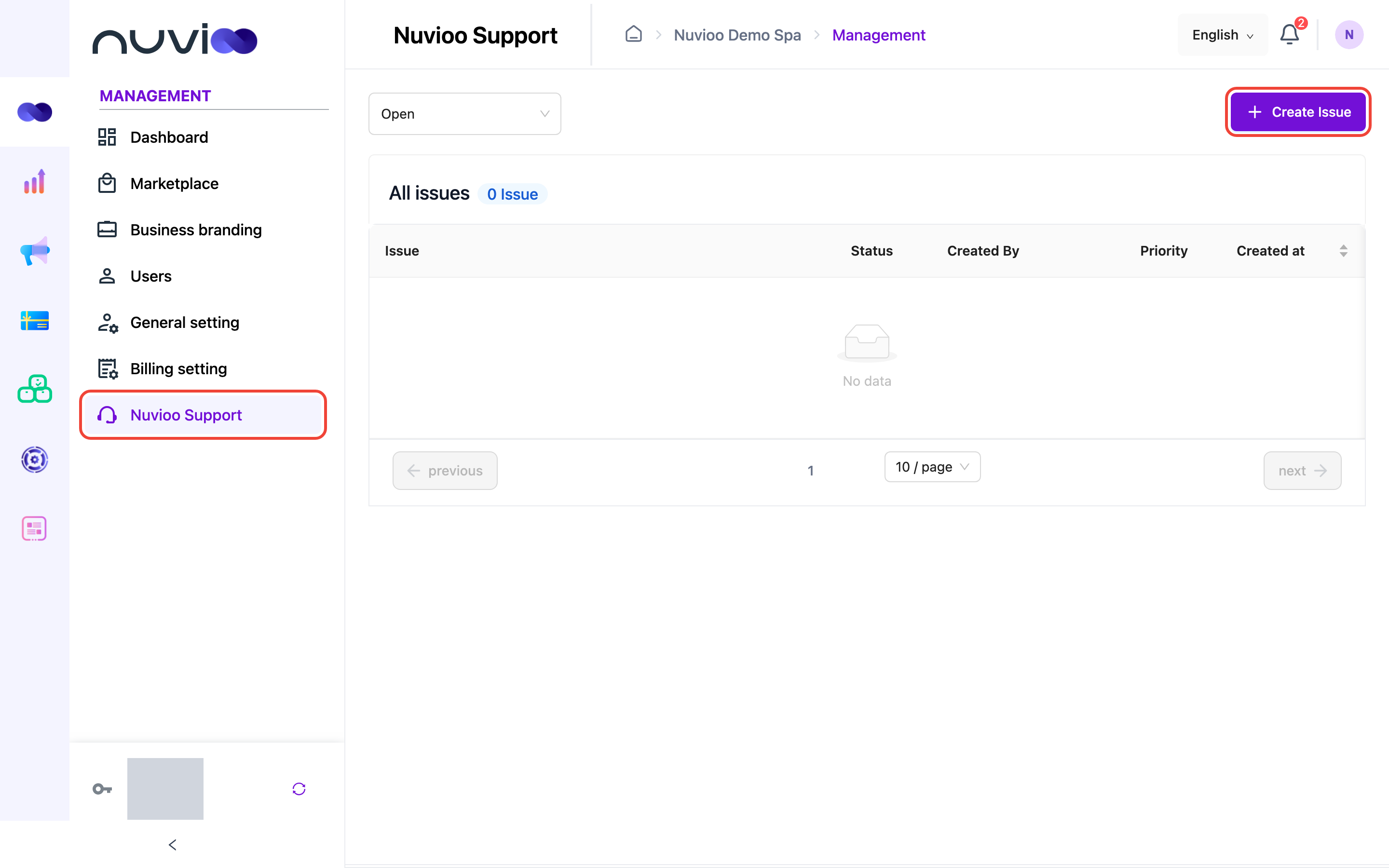 Nuvioo Support issue list with the status filter and Create Issue button