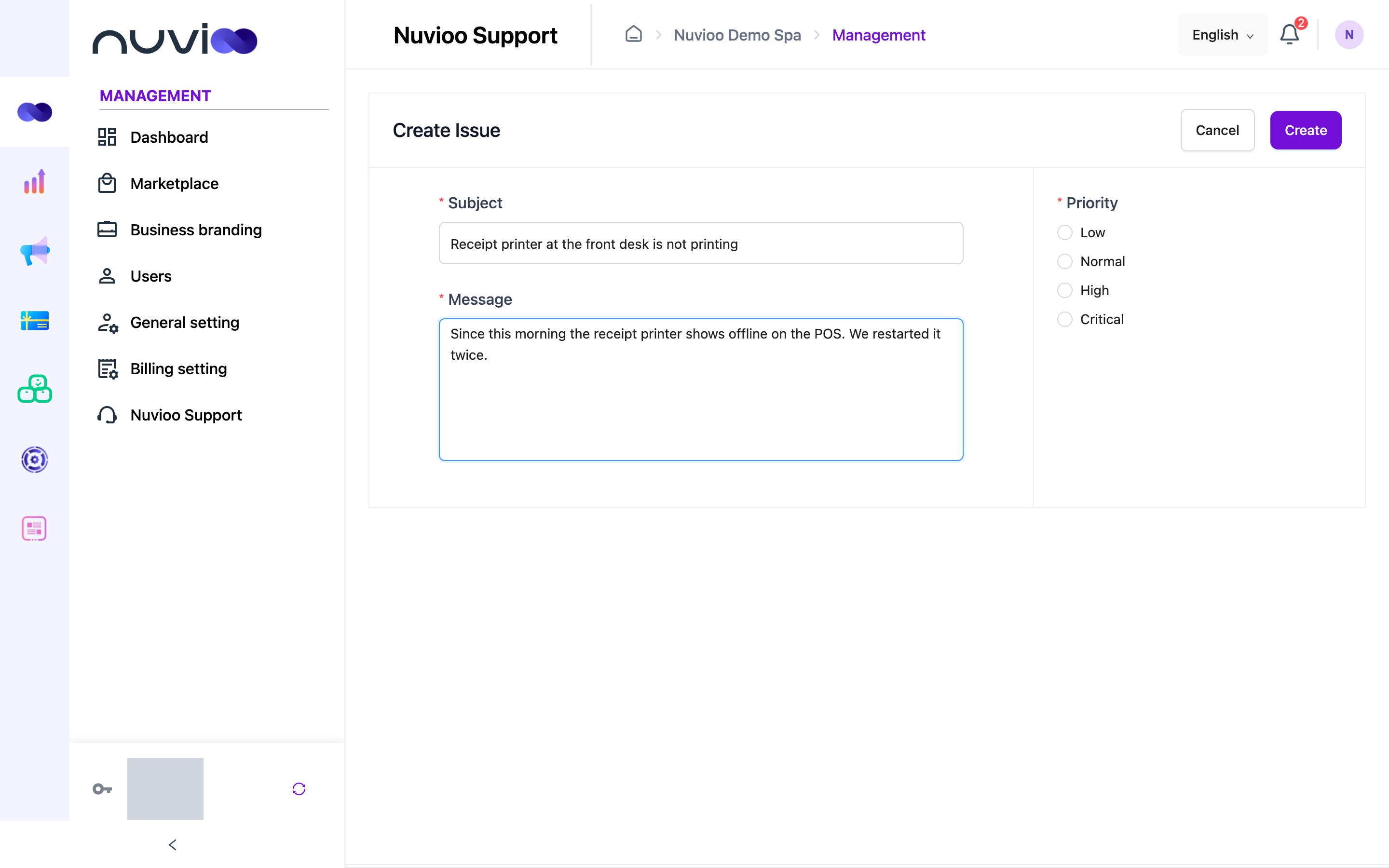 Create Issue form with Subject, Message and Priority