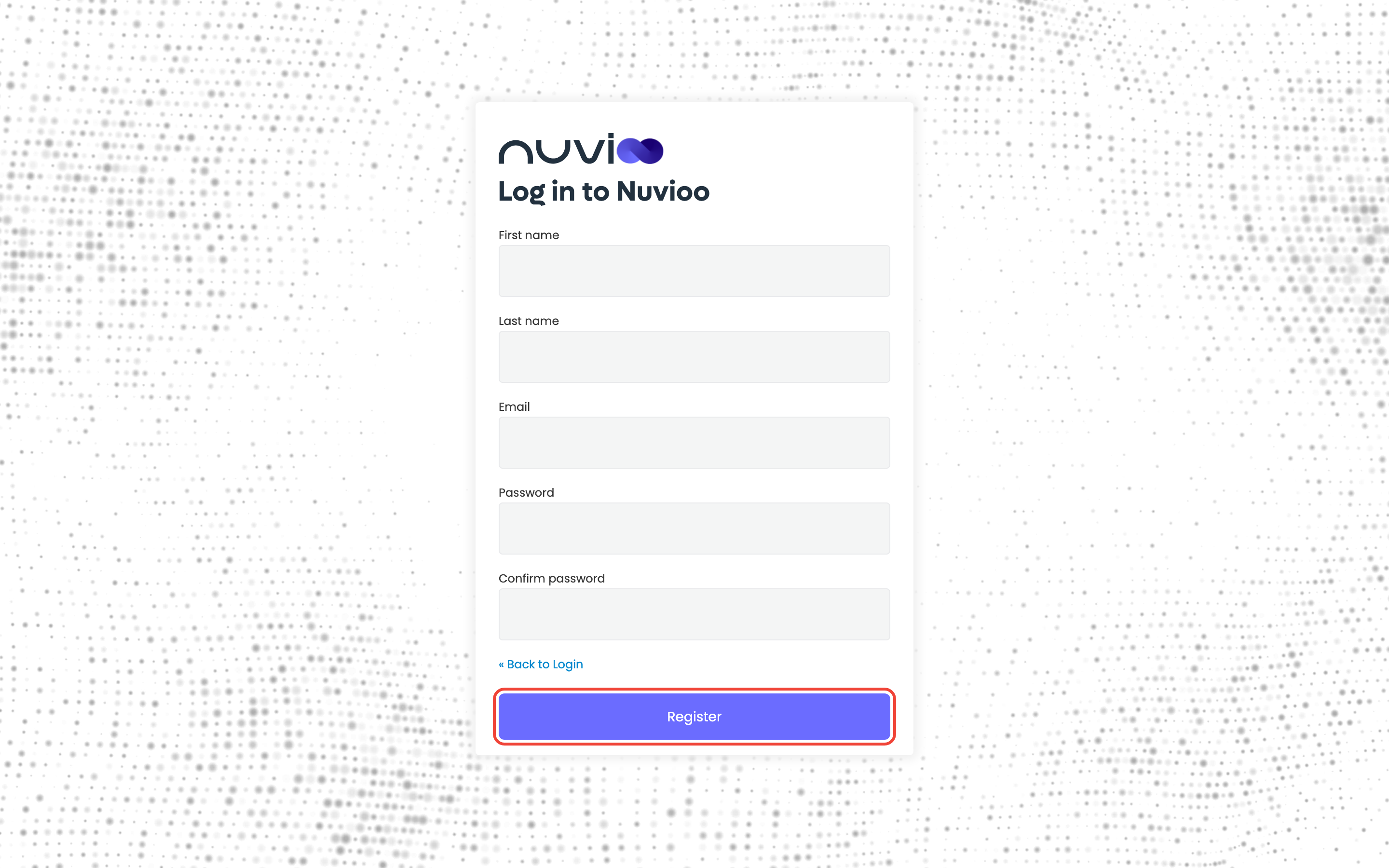 Registration form with First name, Last name, Email, Password and Confirm password, and the Register button highlighted