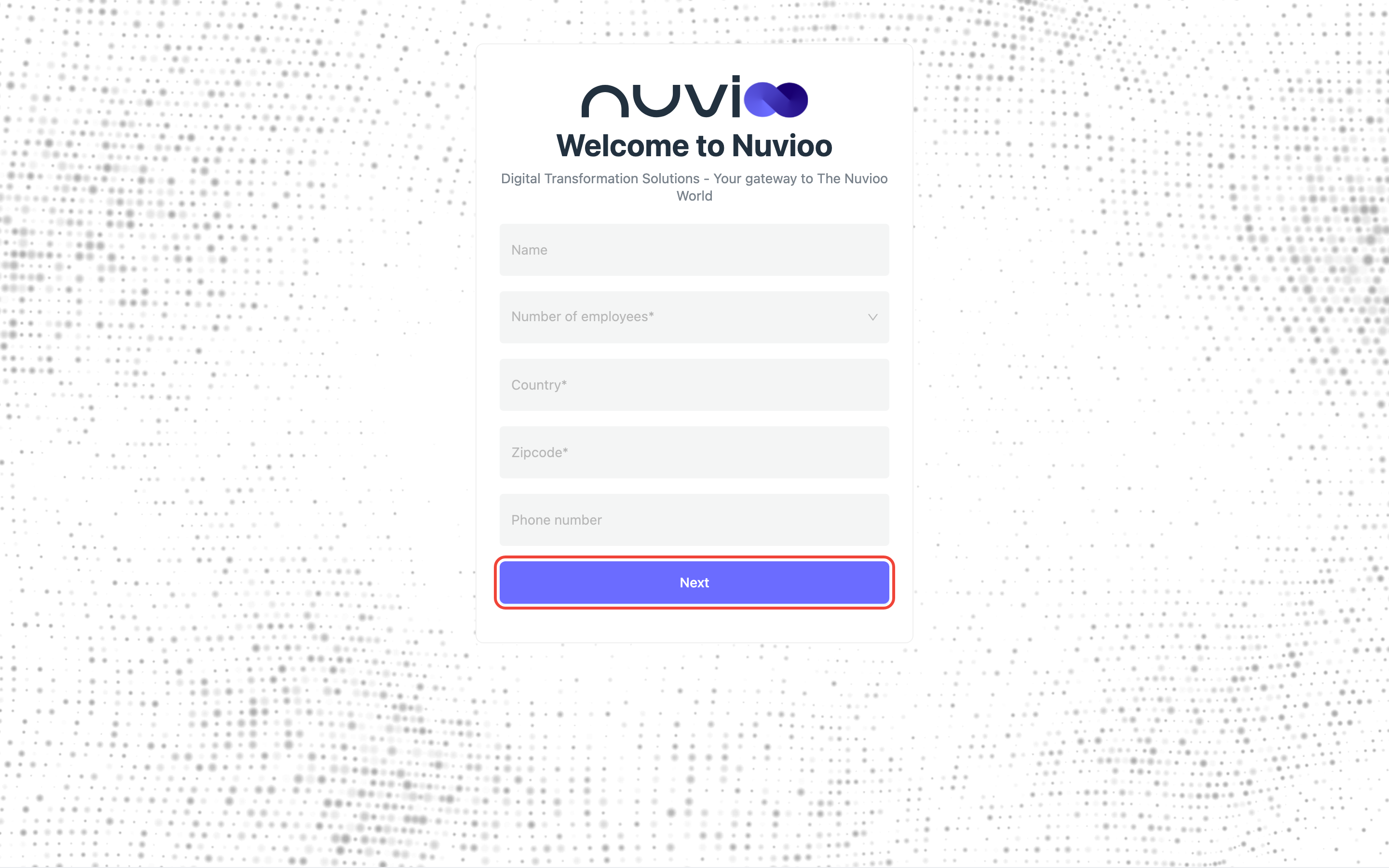 Business details step with Name, Number of employees, Country, Zipcode and Phone number, and the Next button highlighted