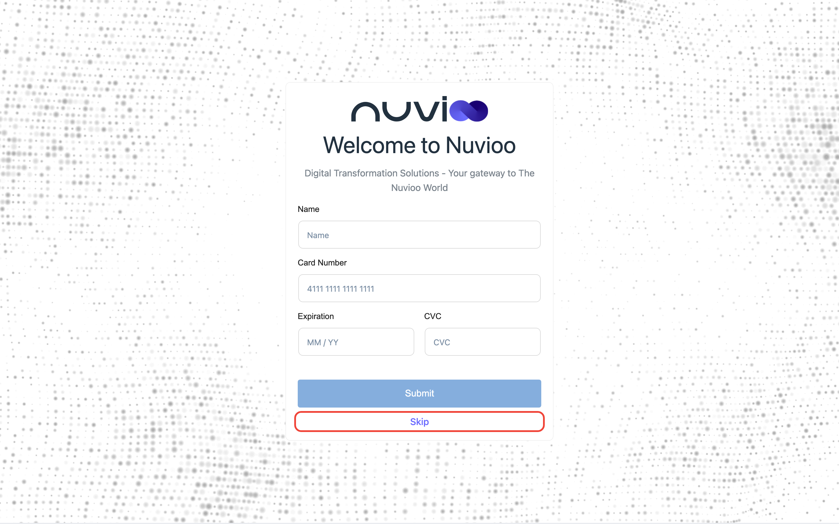 Payment card step with Name, Card Number, Expiration and CVC fields, Submit, and the Skip link highlighted