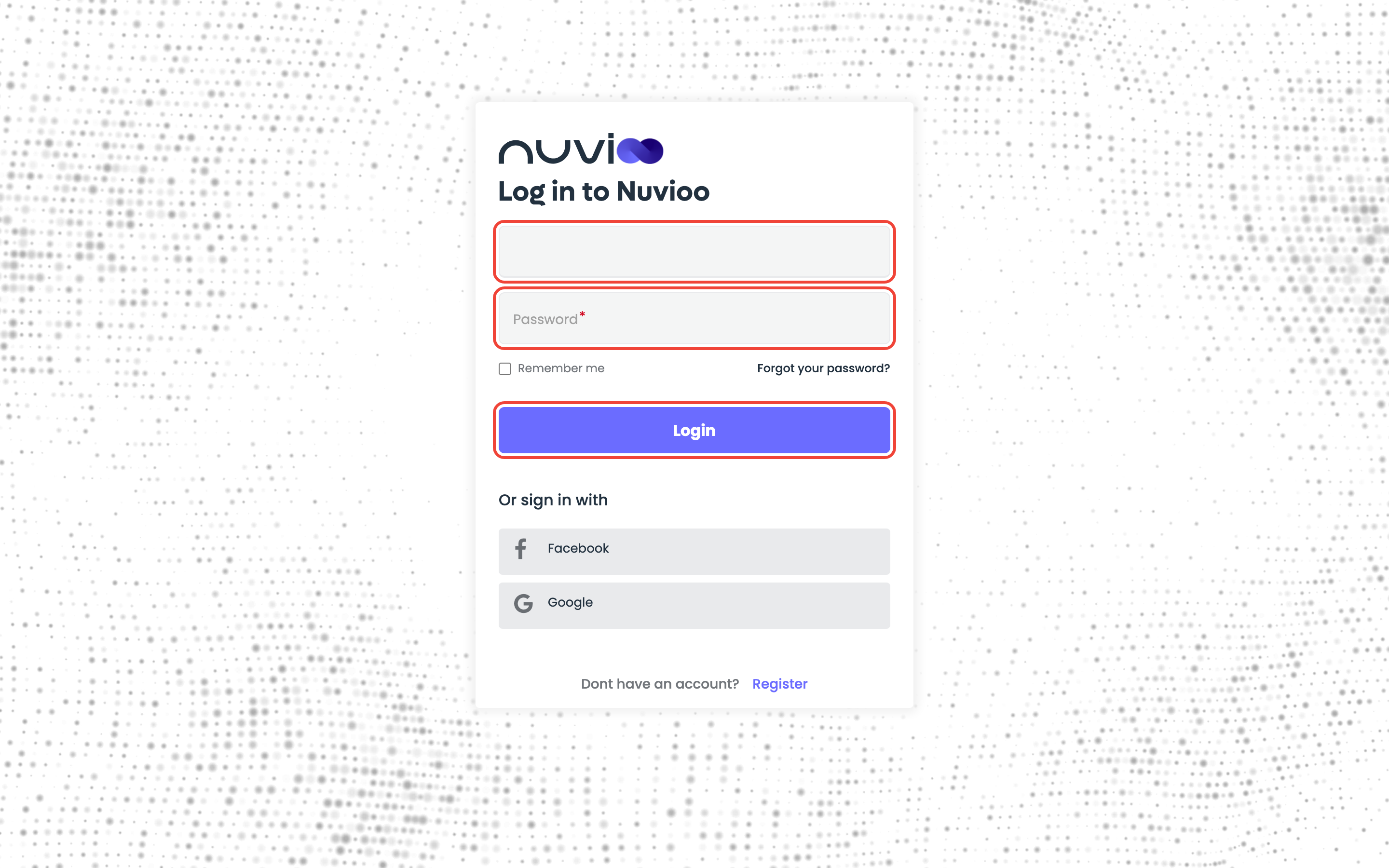 Log in to Nuvioo page with the email field, Password field and Login button highlighted, plus Remember me, Forgot your password?, sign in with Facebook or Google, and Register