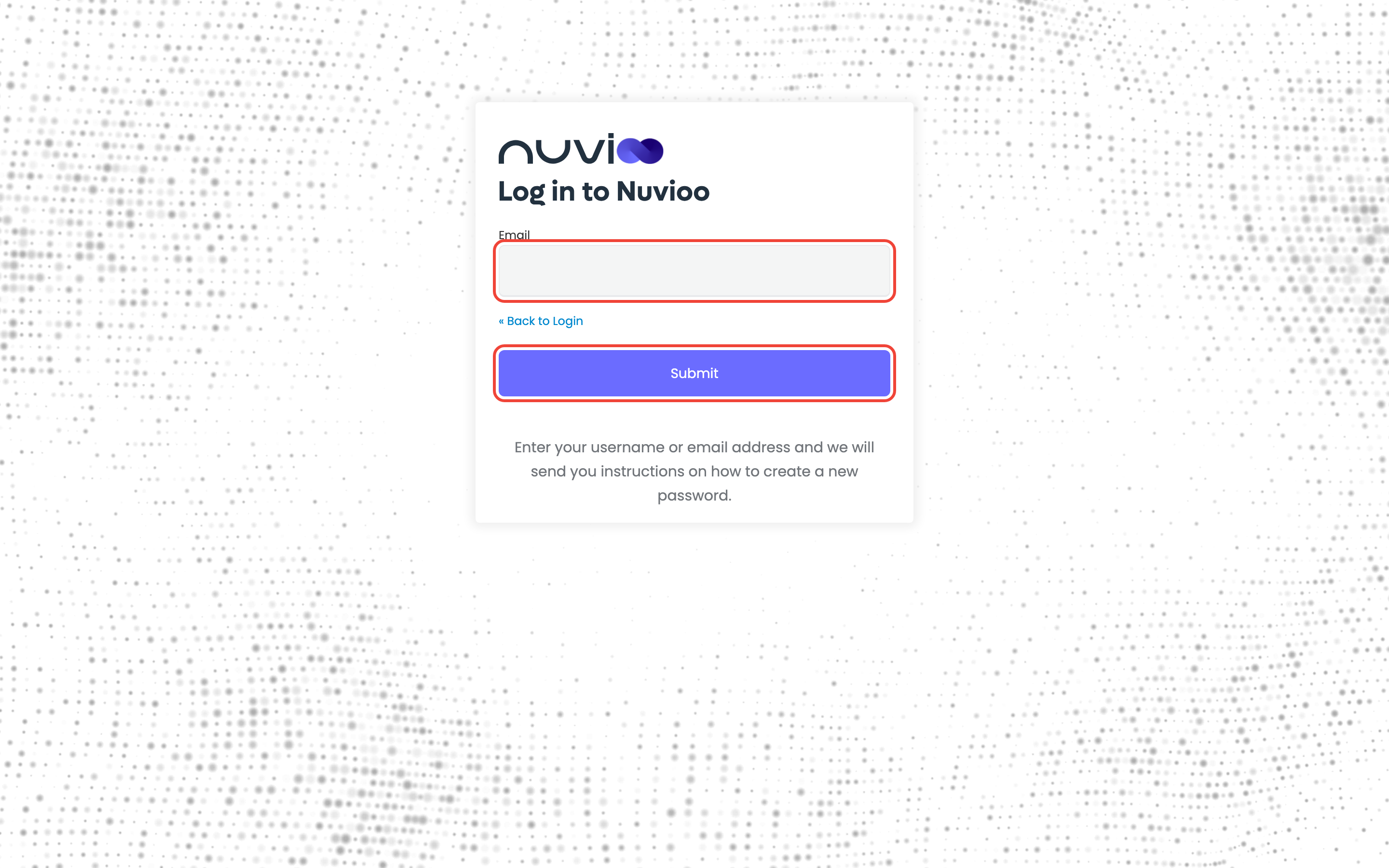 Forgot password page with the Email field and Submit button highlighted, and the Back to Login link