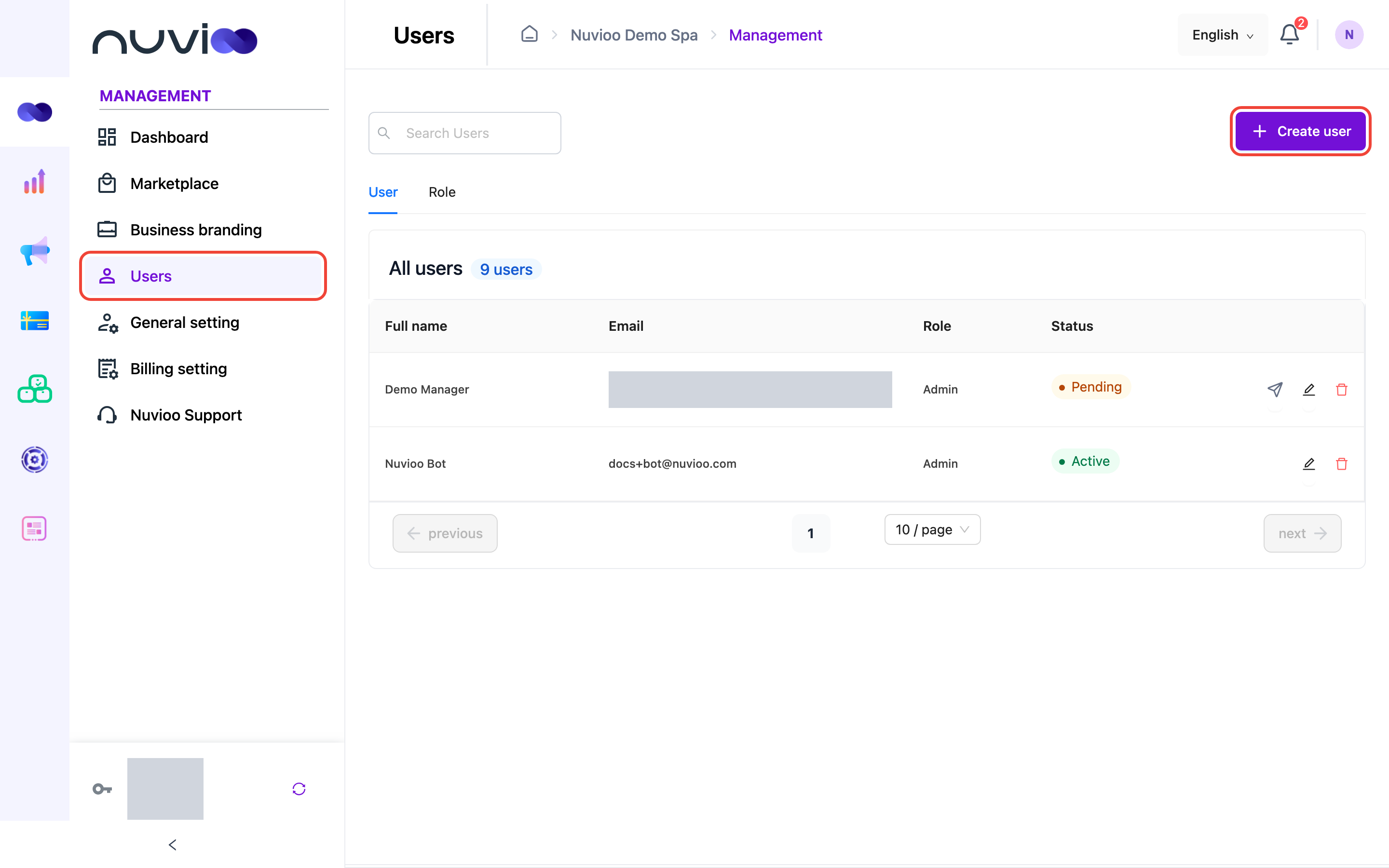 Users page with the User and Role tabs, the user list and the Create user button