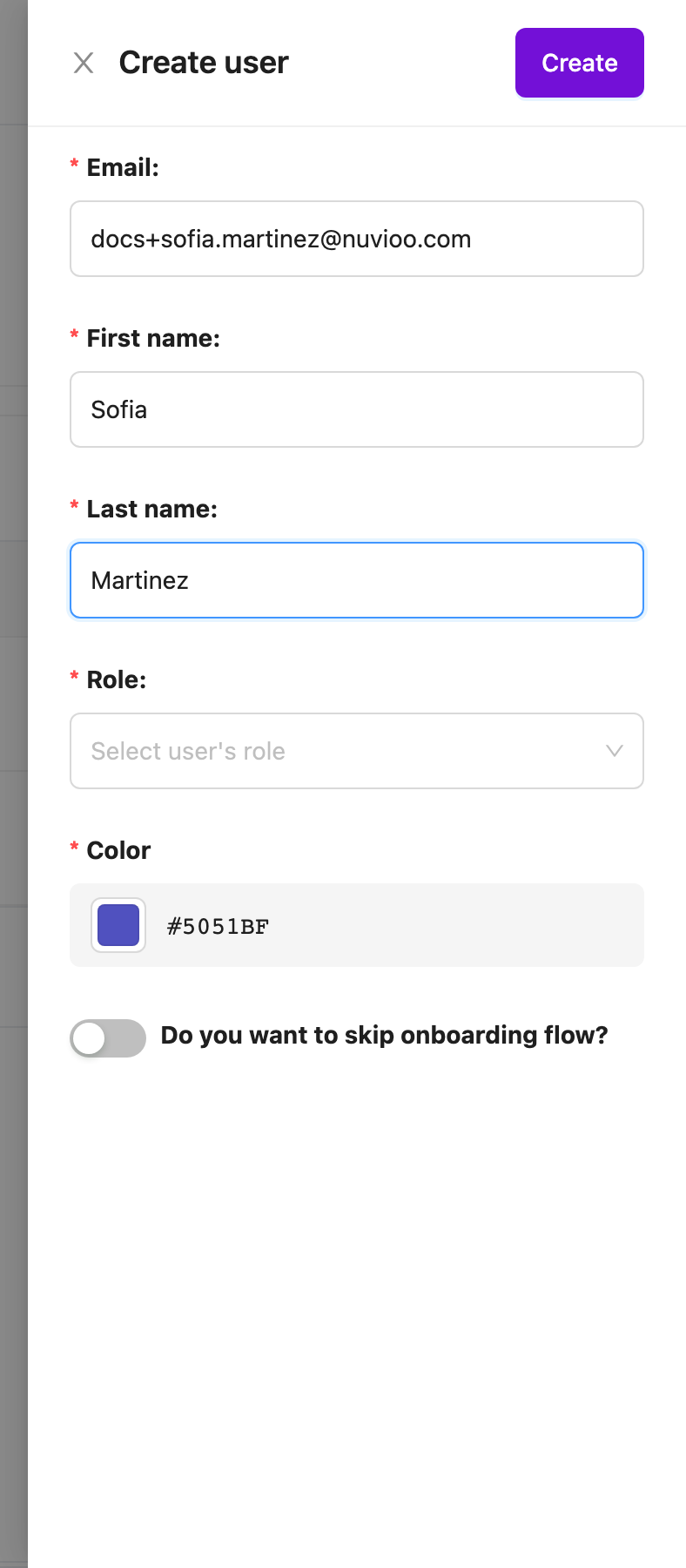 Create user form with Email, First name, Last name, Role, Color and the skip onboarding switch