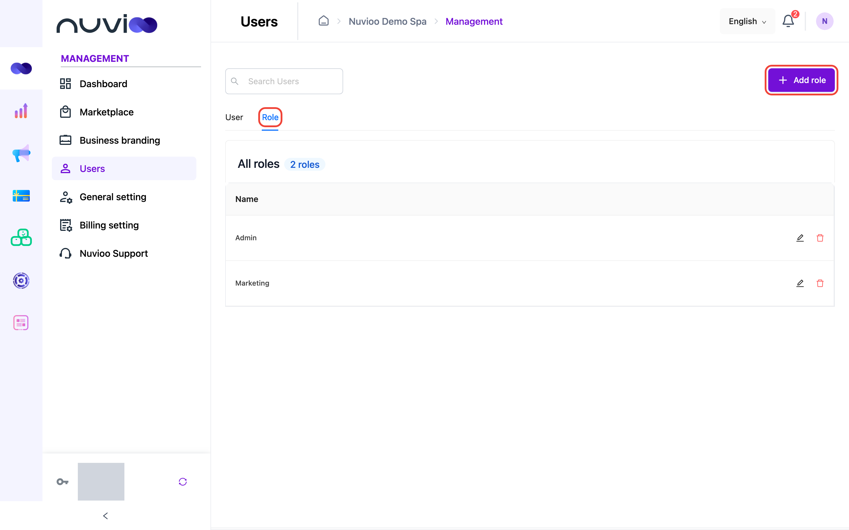 Role tab with the list of roles and the Add role button