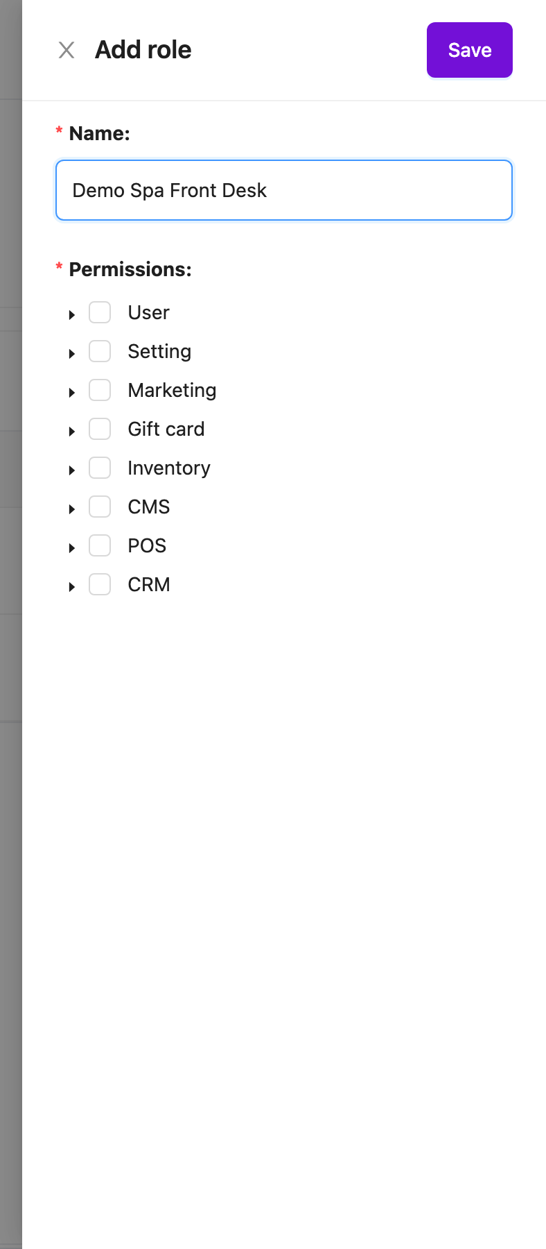 Add role form with Name and a Permissions tree grouped by module