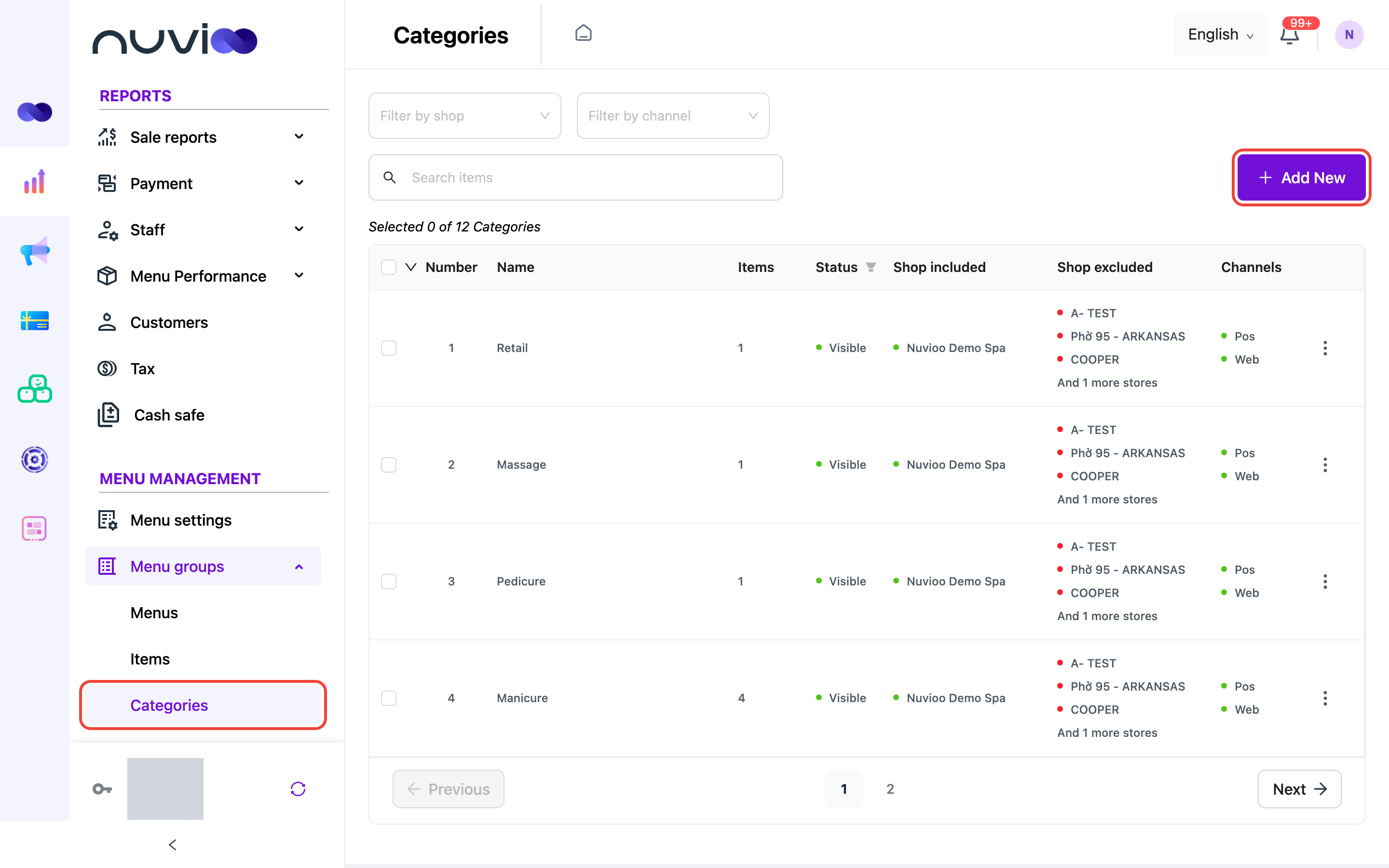 Categories list with Shop included and Shop excluded columns