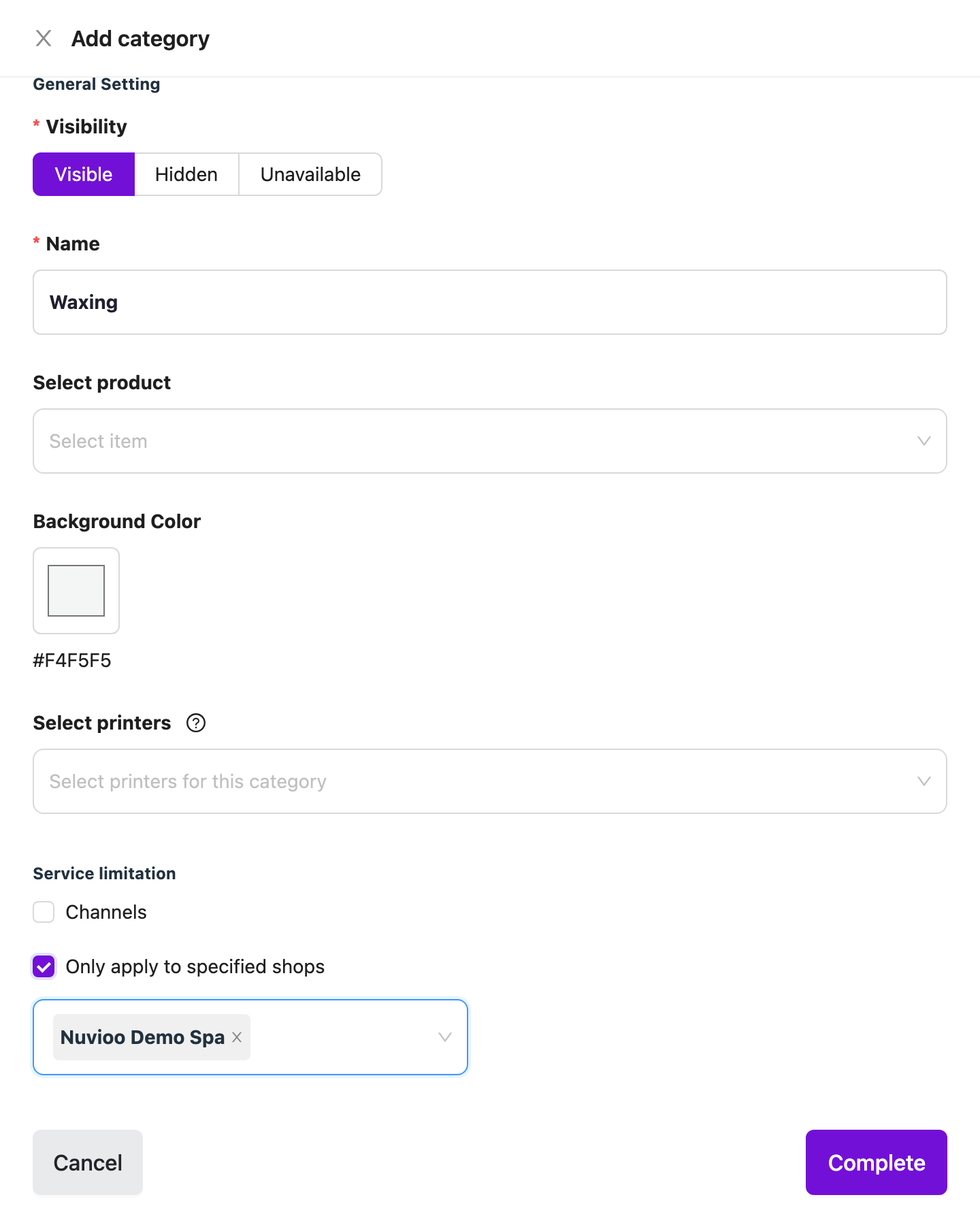 Add category drawer with name Waxing and Only apply to specified shops set to one location