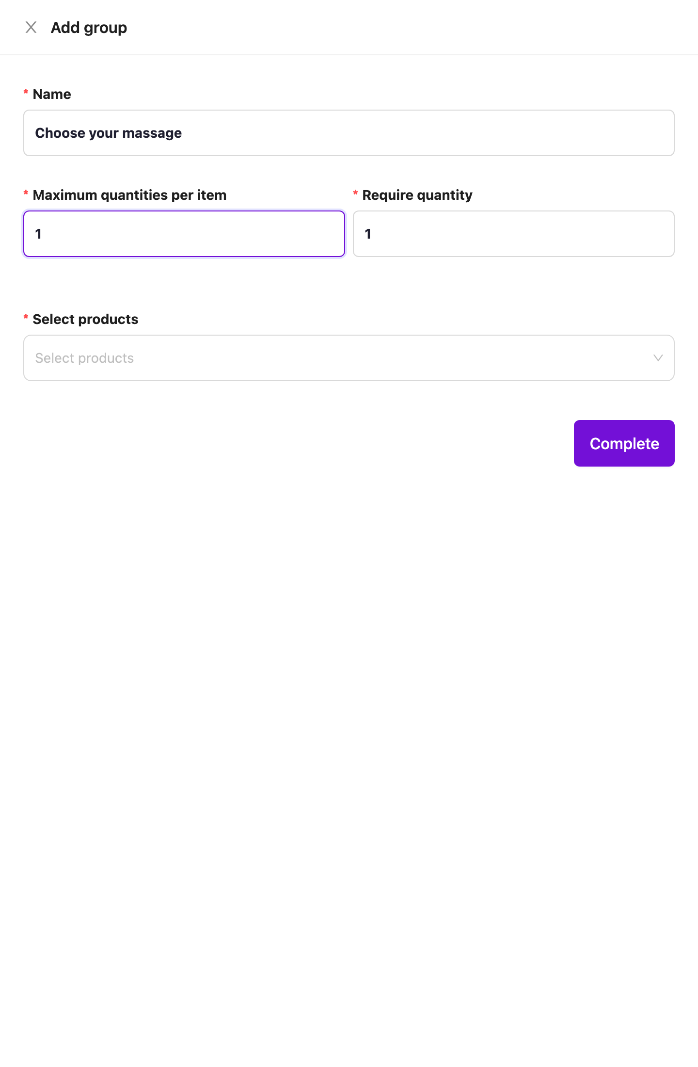 Add group drawer with name and quantity fields