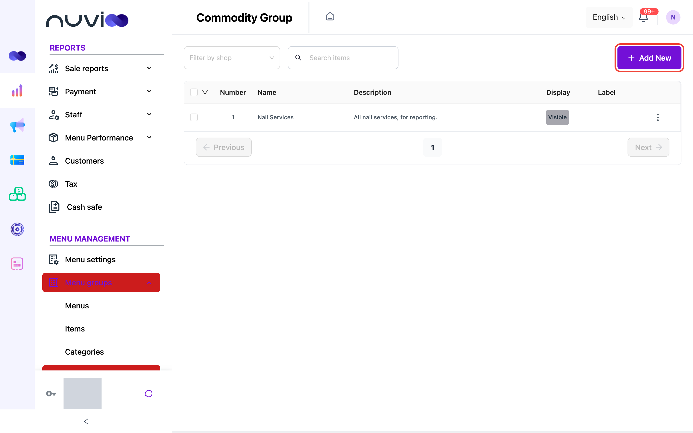 Commodity groups list with Nail Services