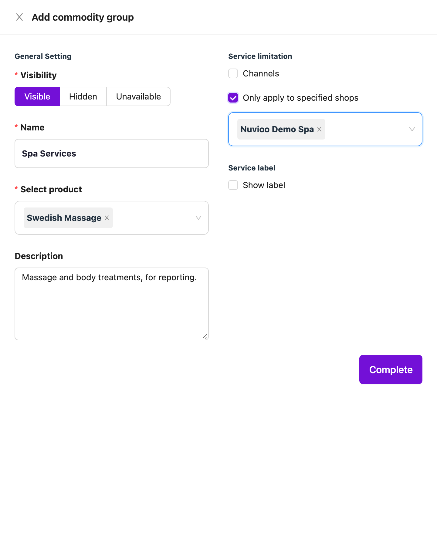 Add commodity group drawer with name, products, description and one location