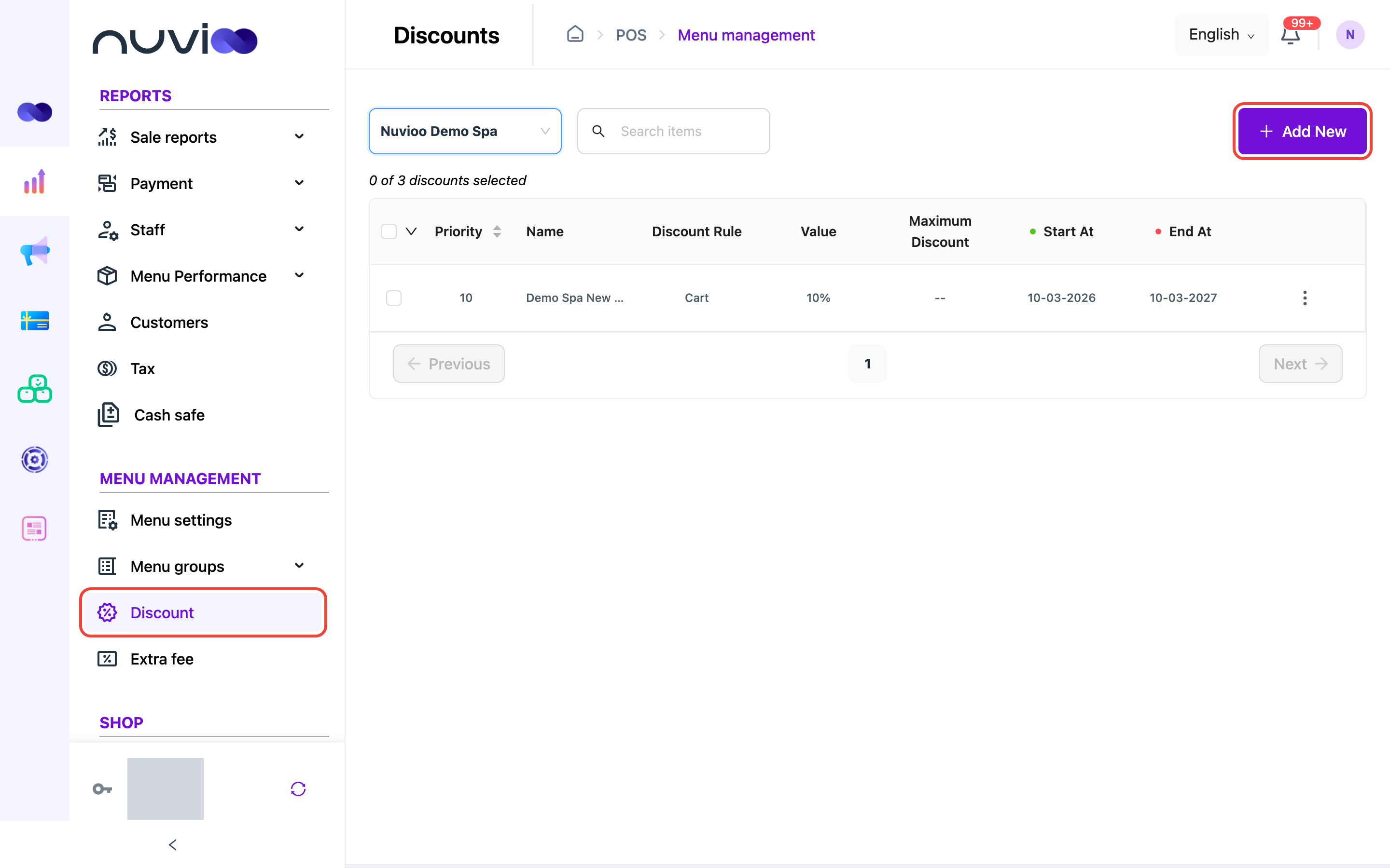 Discounts list filtered to one location