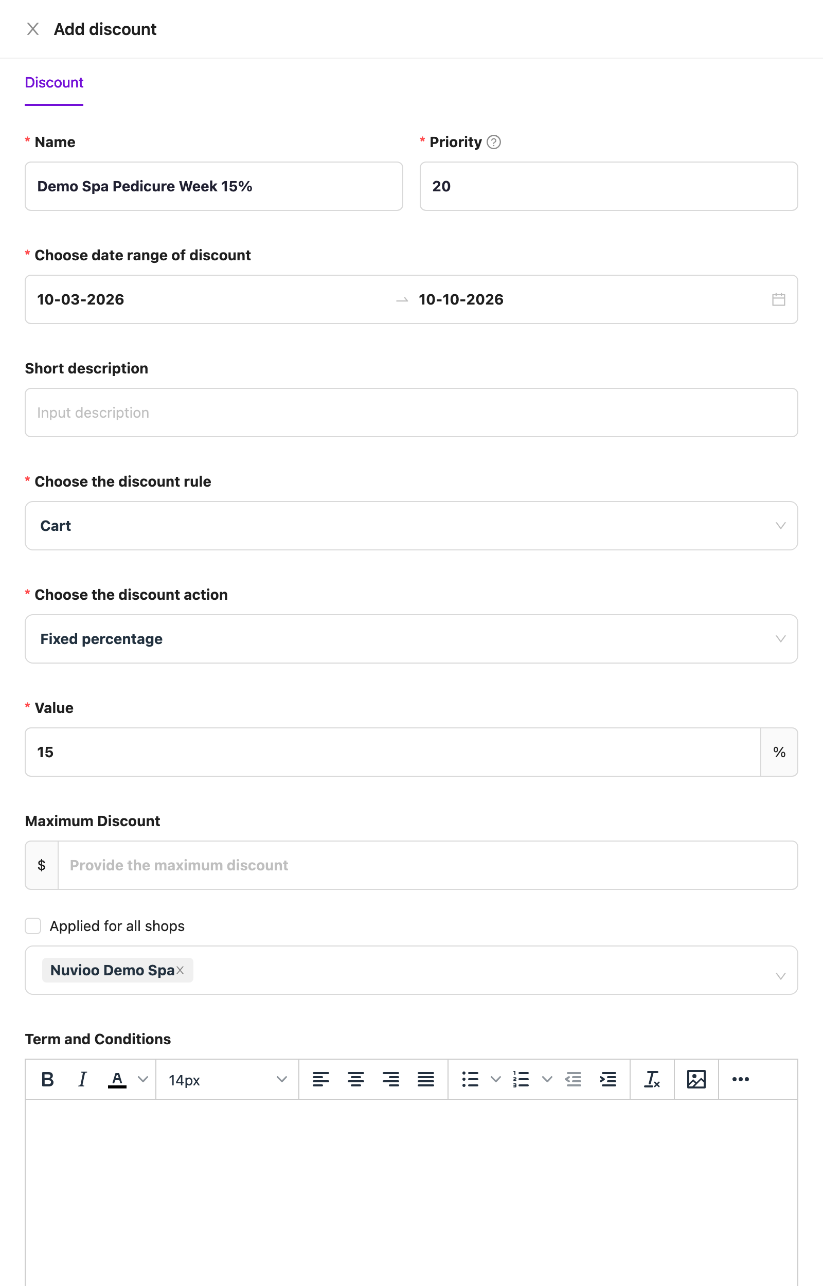 Add discount drawer with name, priority, dates, Cart rule, 15% value and one location