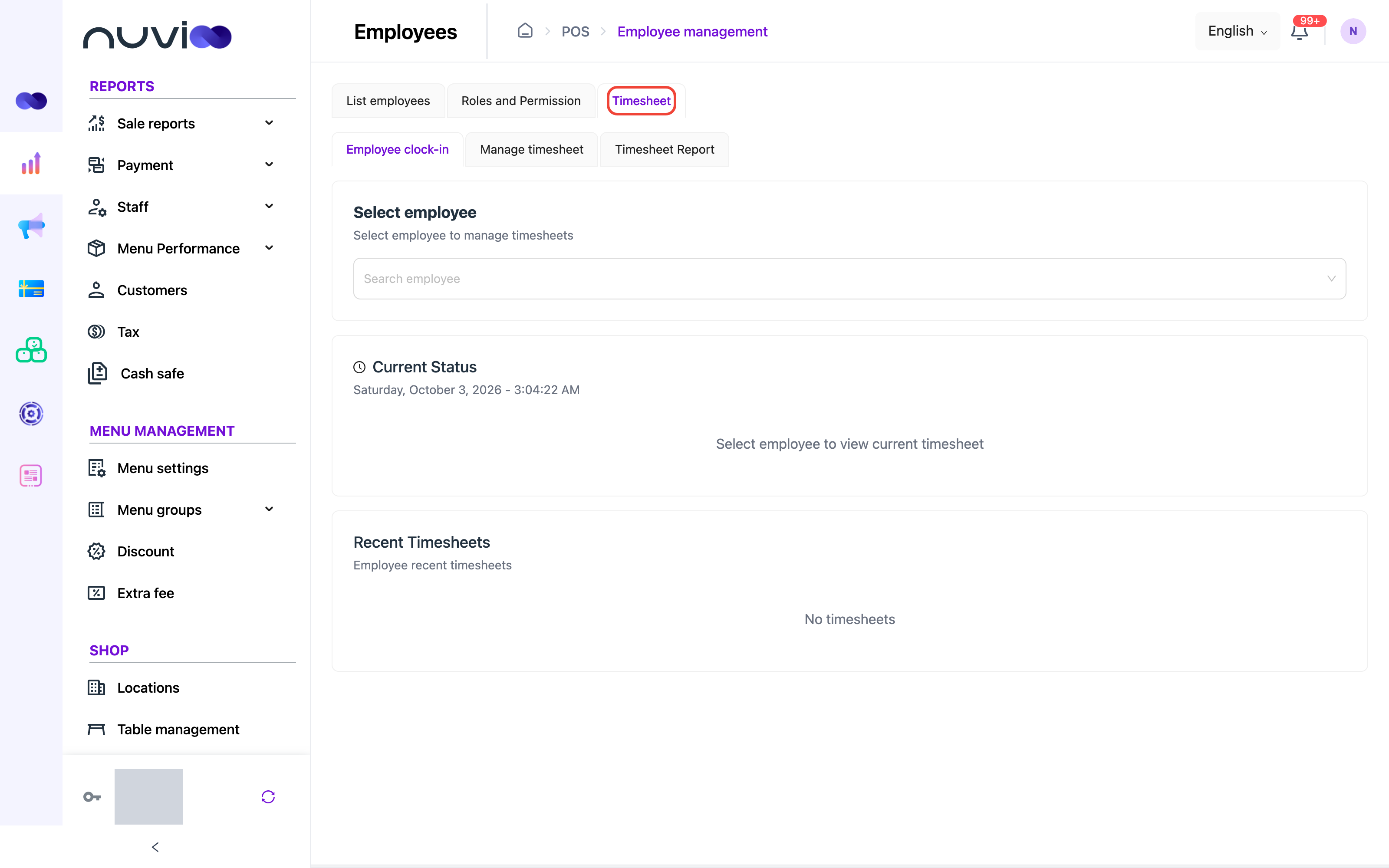 Timesheet tab, Employee clock-in, with Select employee, Current Status and Recent Timesheets