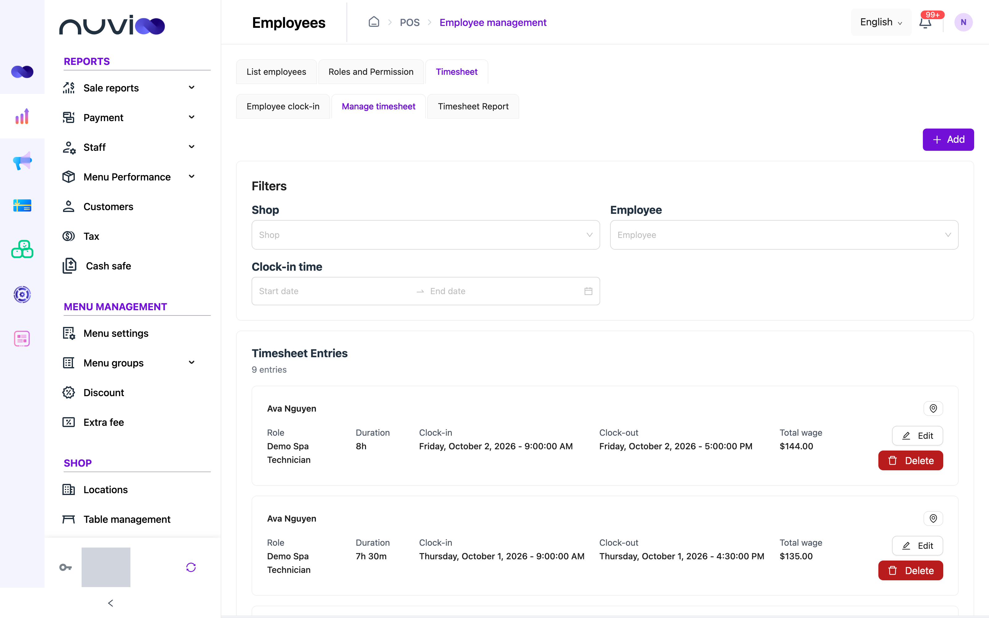 Manage timesheet with filters and a list of timesheet entries with Edit and Delete buttons