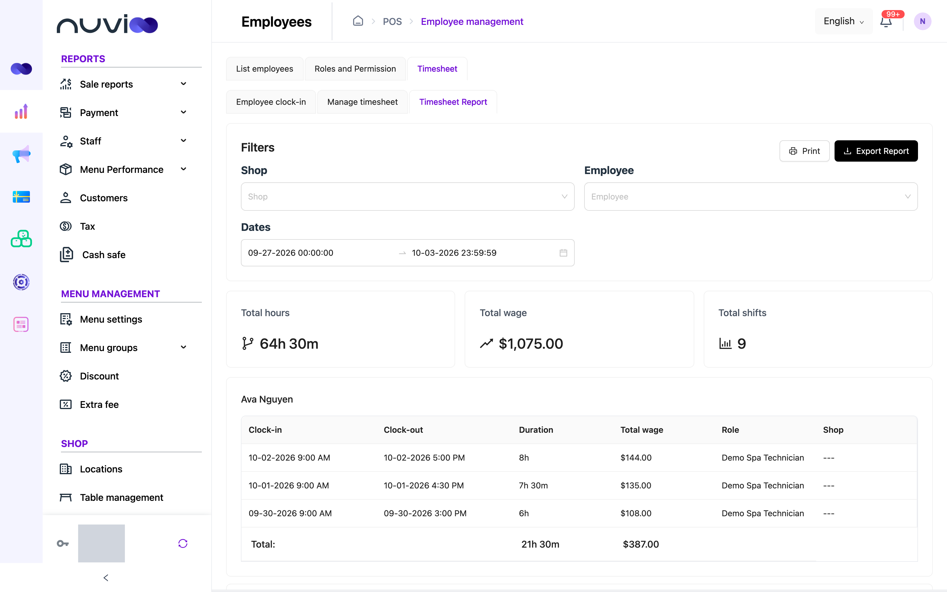 Timesheet Report with total hours, total wage and total shifts, and one employee's entries
