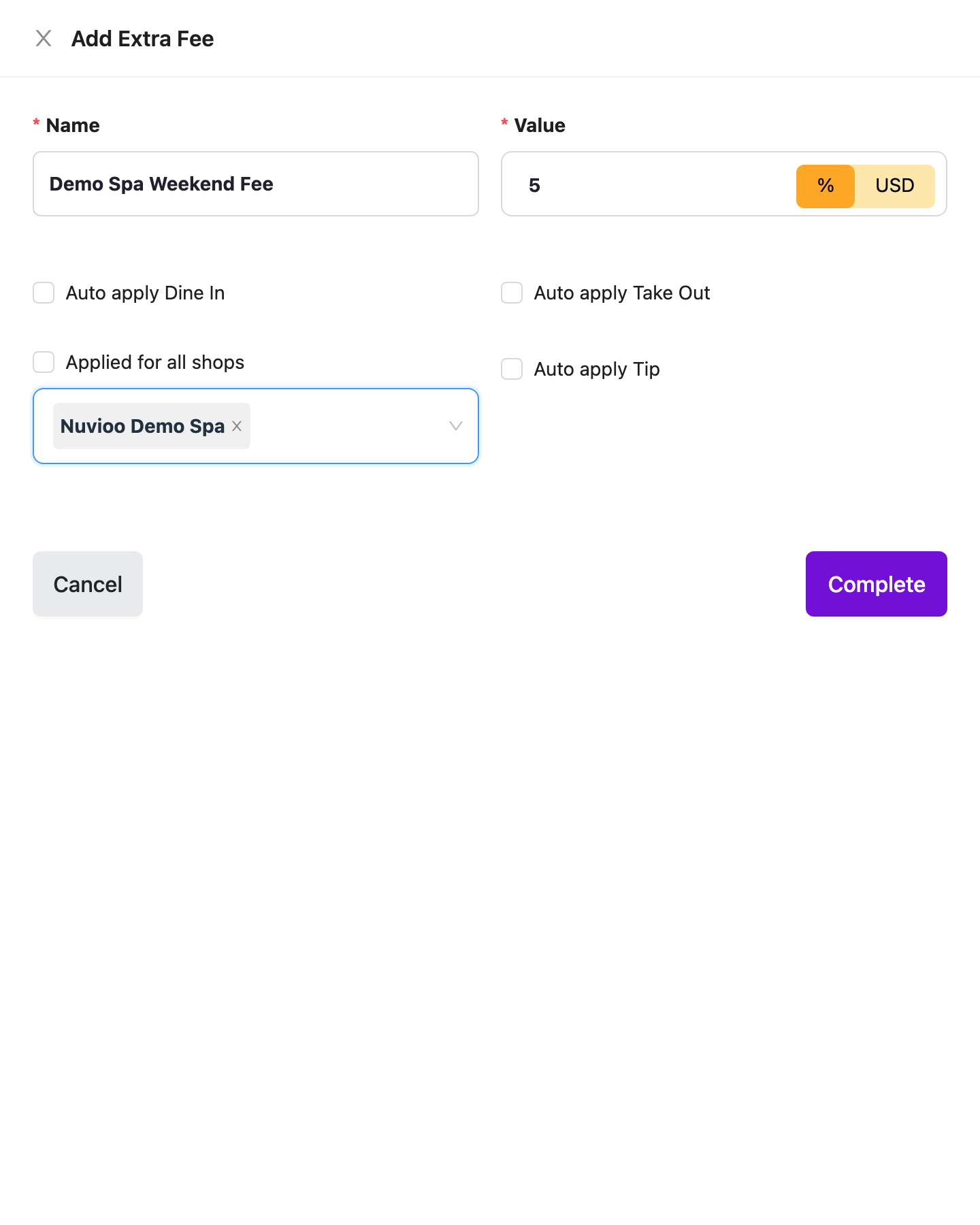 Add Extra Fee drawer with name, 5% value, auto apply options off and one location