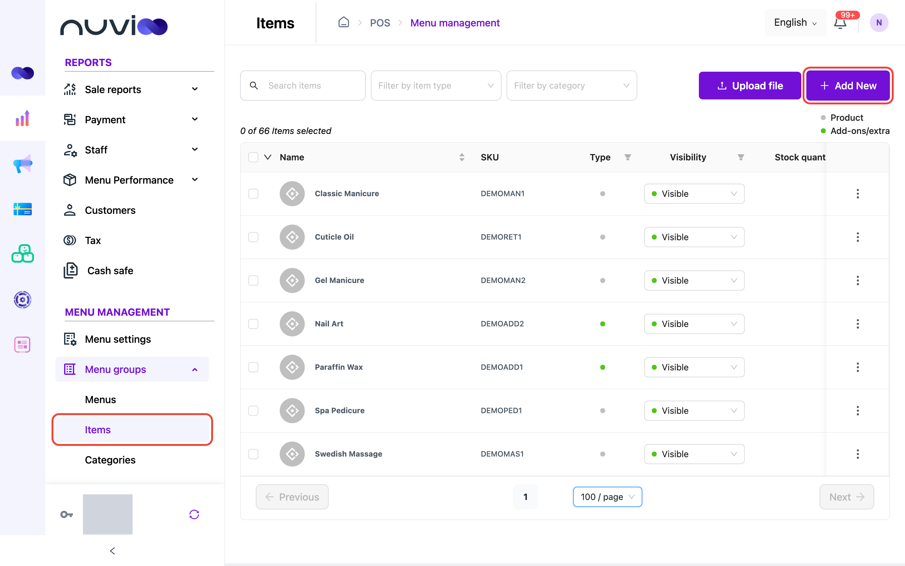 Items list showing products and add-ons with SKU, type and visibility