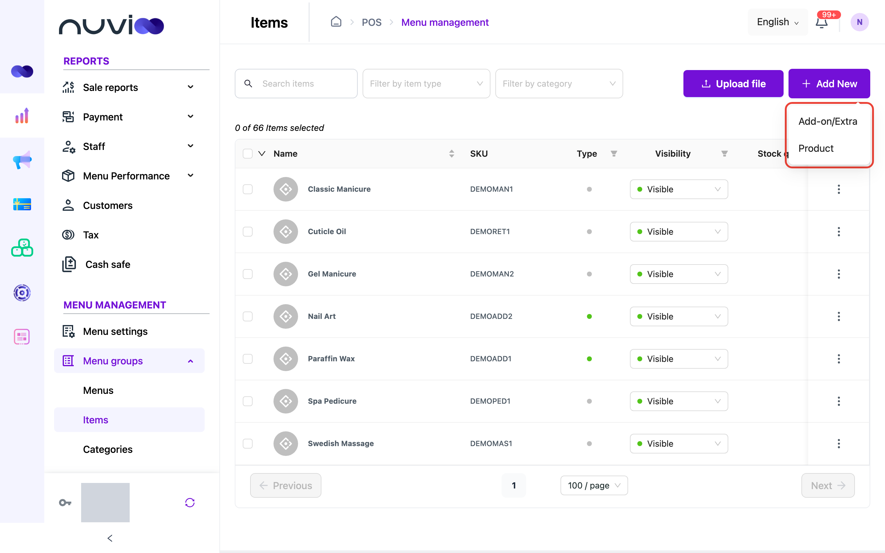 Add New menu with Add-on/Extra and Product