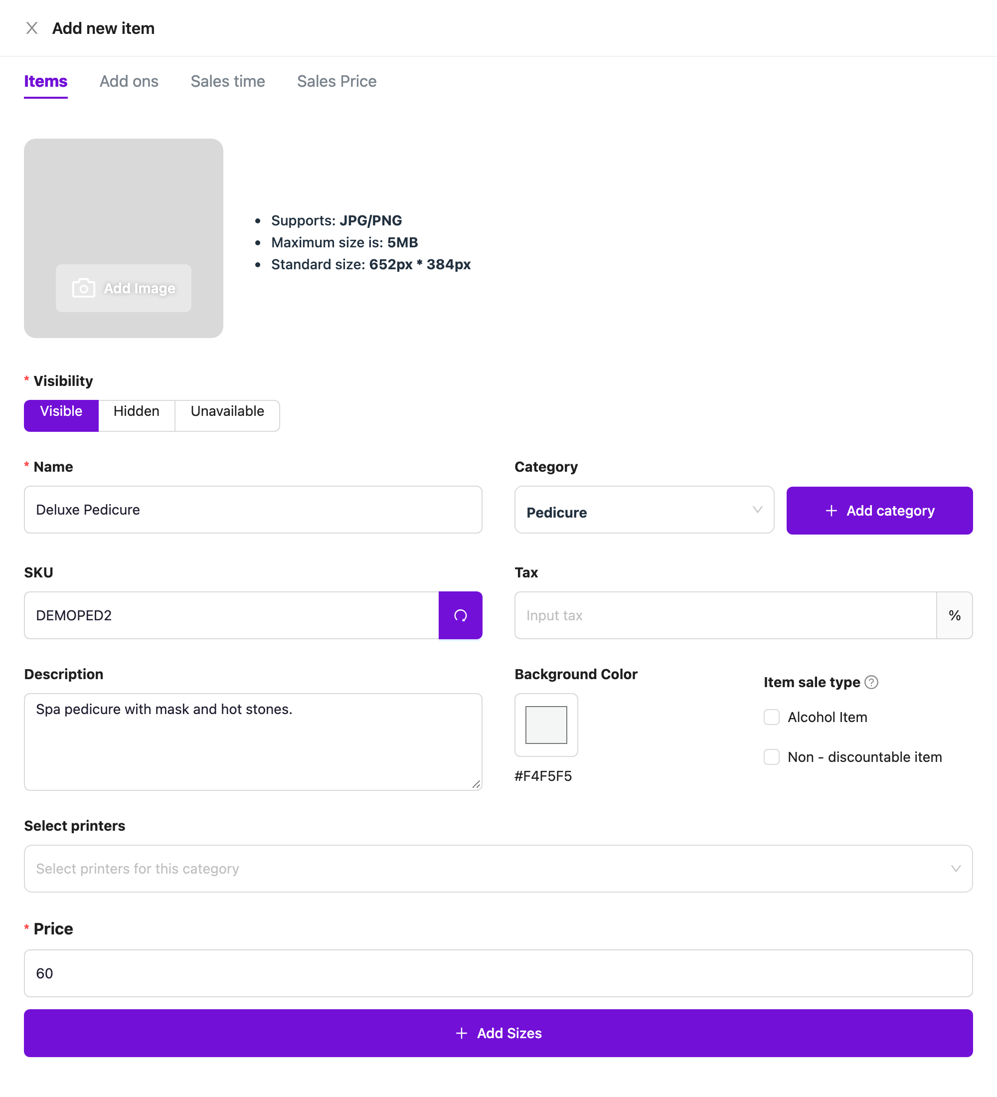 Add new item drawer with name, category, SKU, description and price