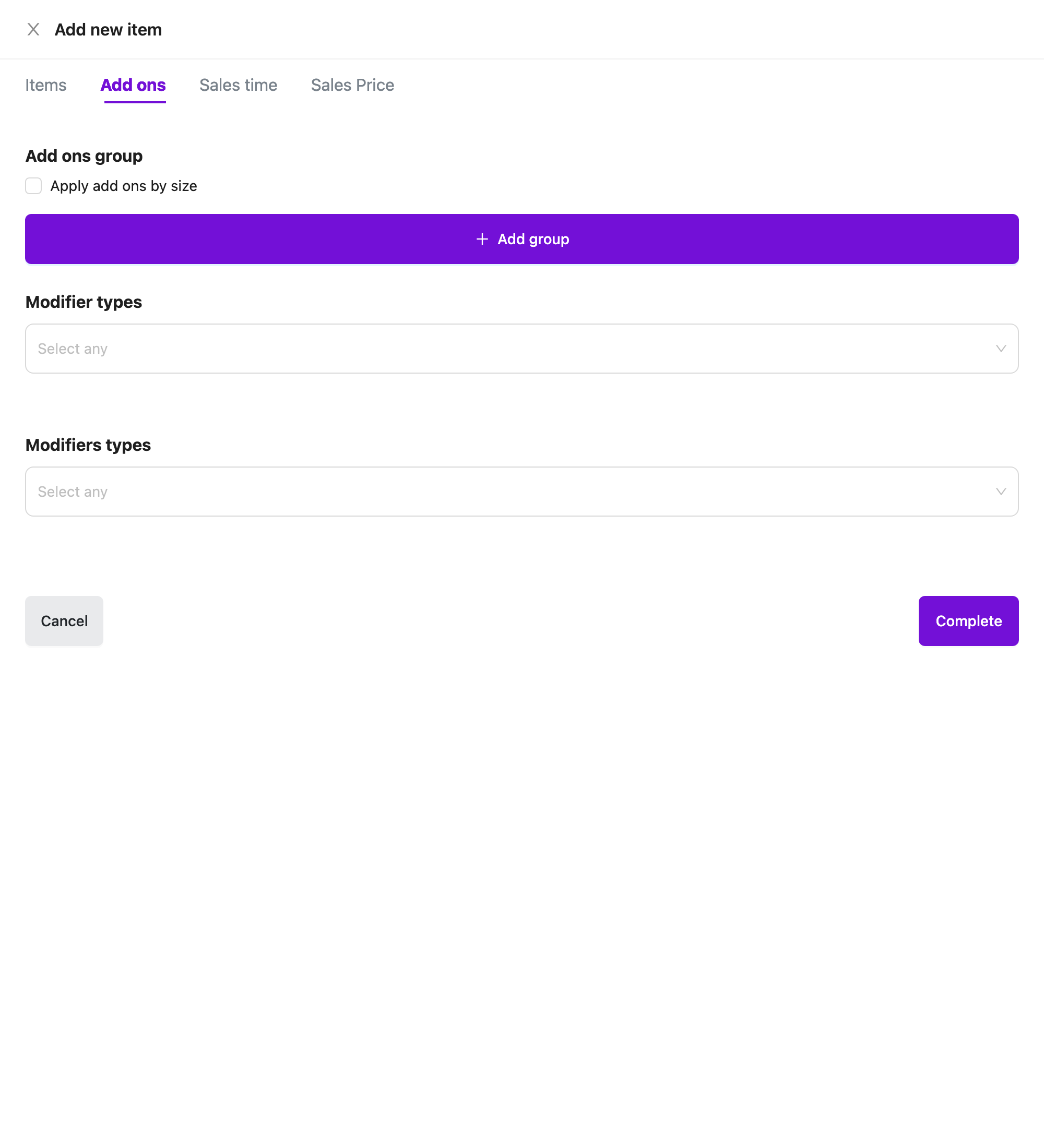 Add ons tab with Add group, Modifier types and Modifiers types
