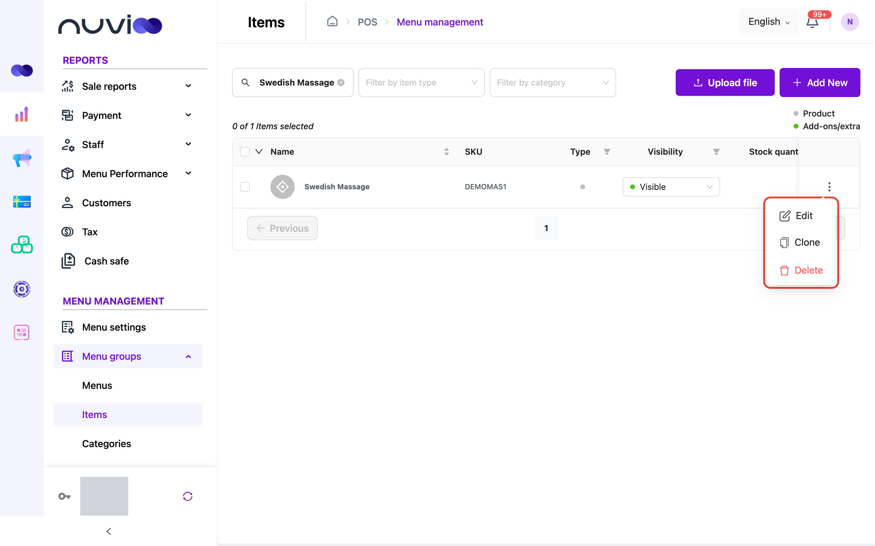 Row actions menu with Edit, Clone and Delete