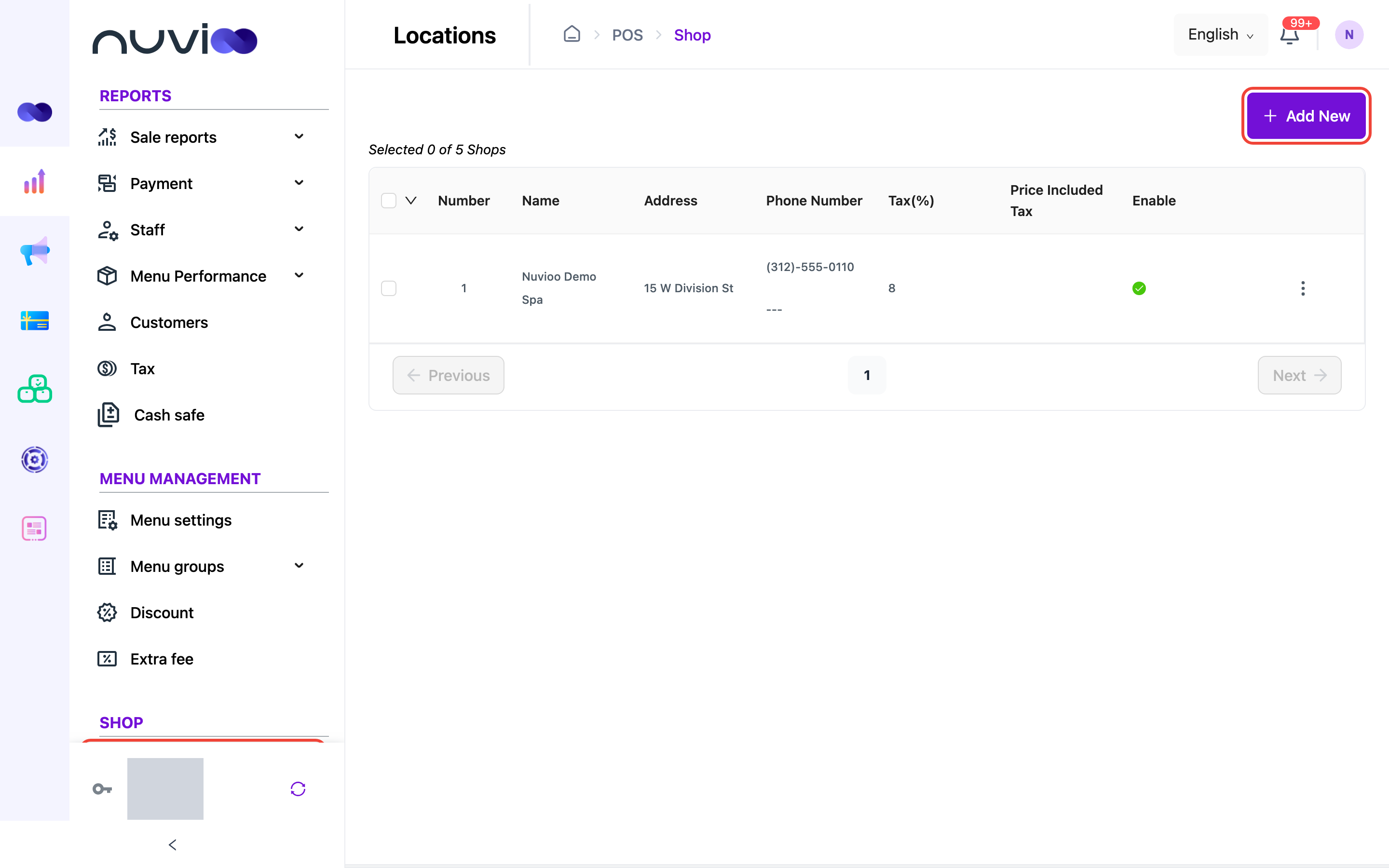 Locations list showing Nuvioo Demo Spa with address, phone and tax