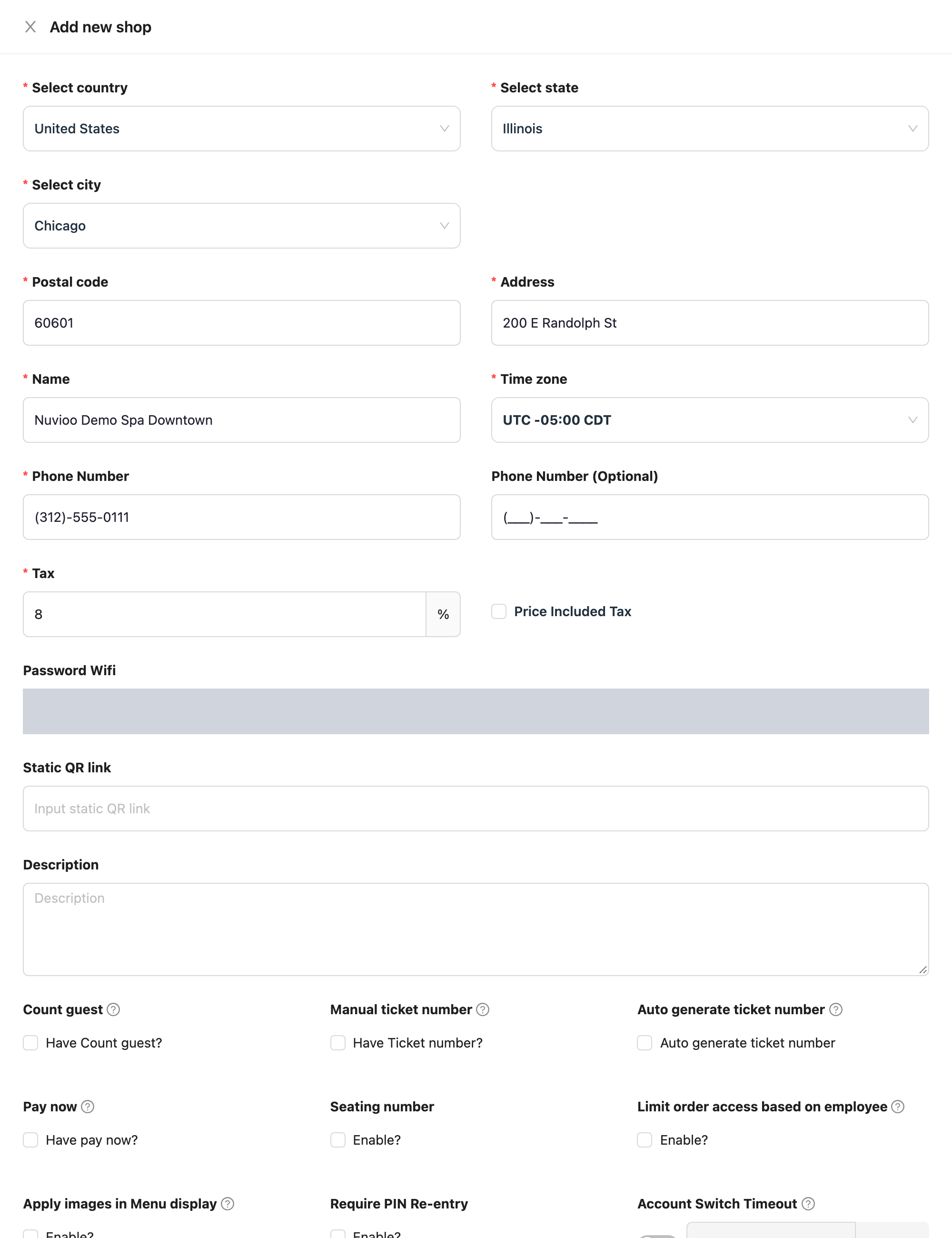 Add new shop form with address, name, time zone, phone and tax filled in
