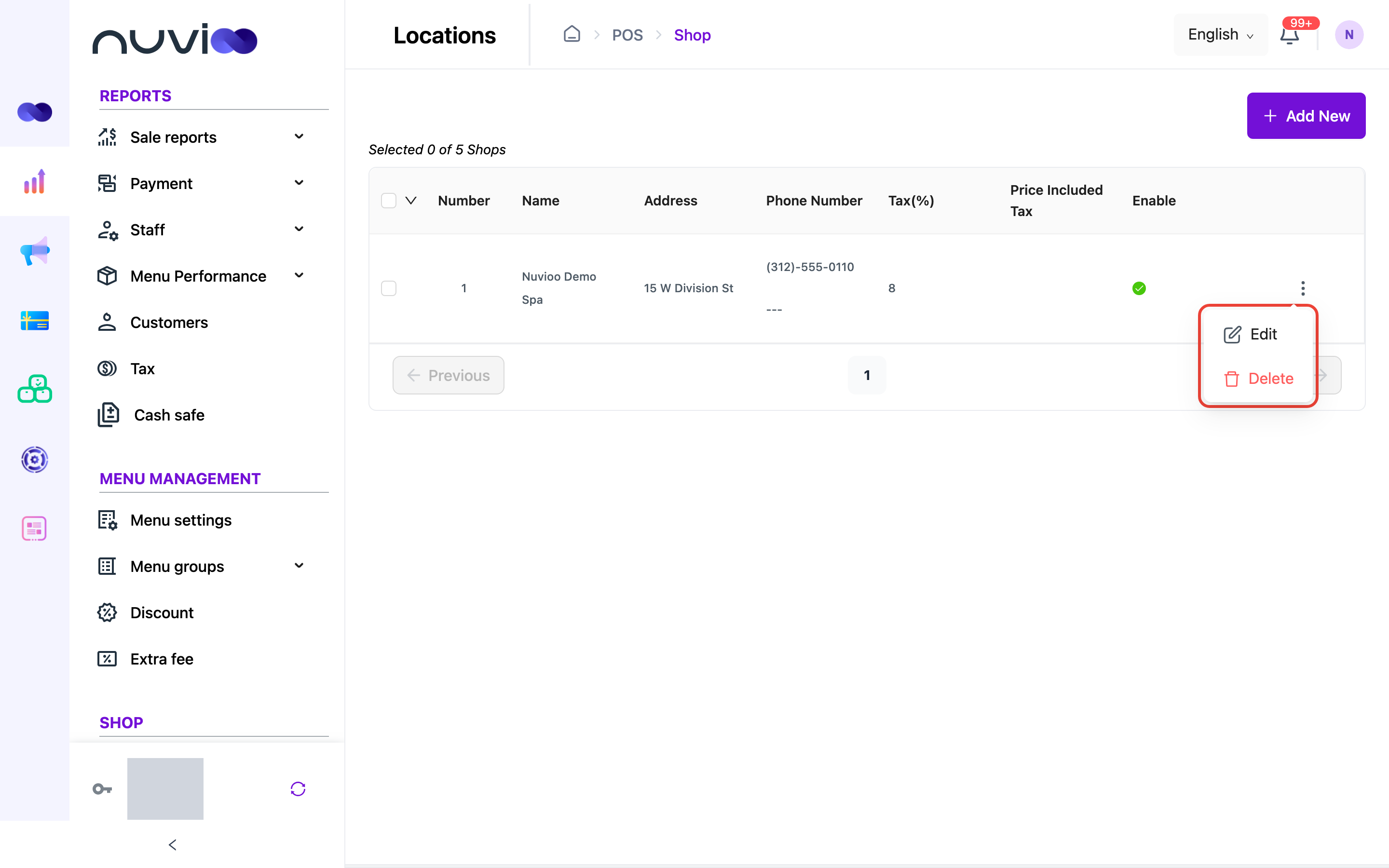 Row actions menu with Edit and Delete for a location