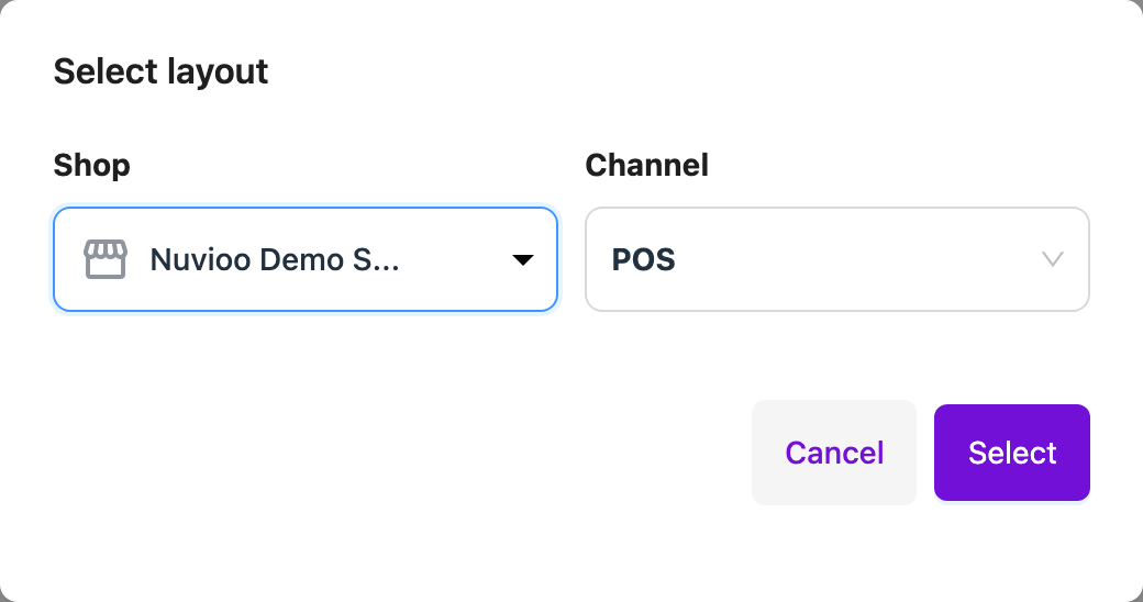 Select layout dialog with shop and channel
