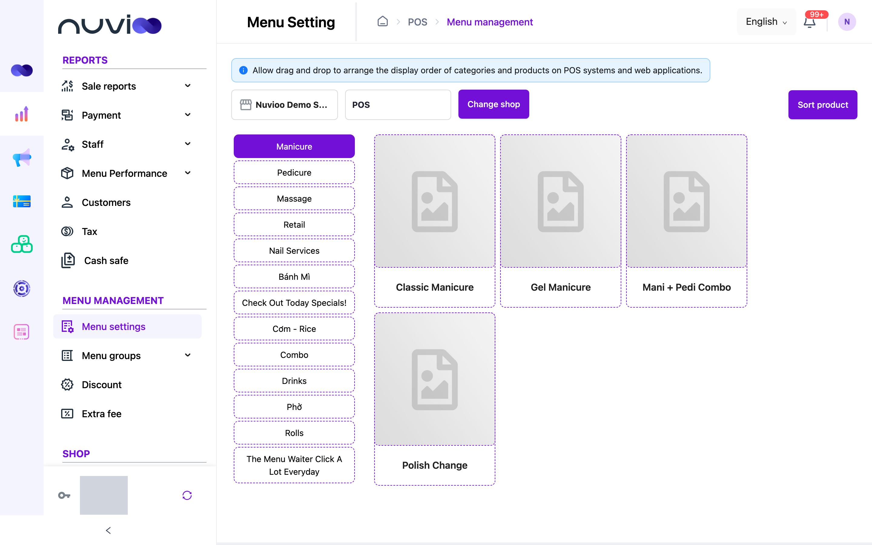 Menu Setting page with categories on the left and item cards on the right