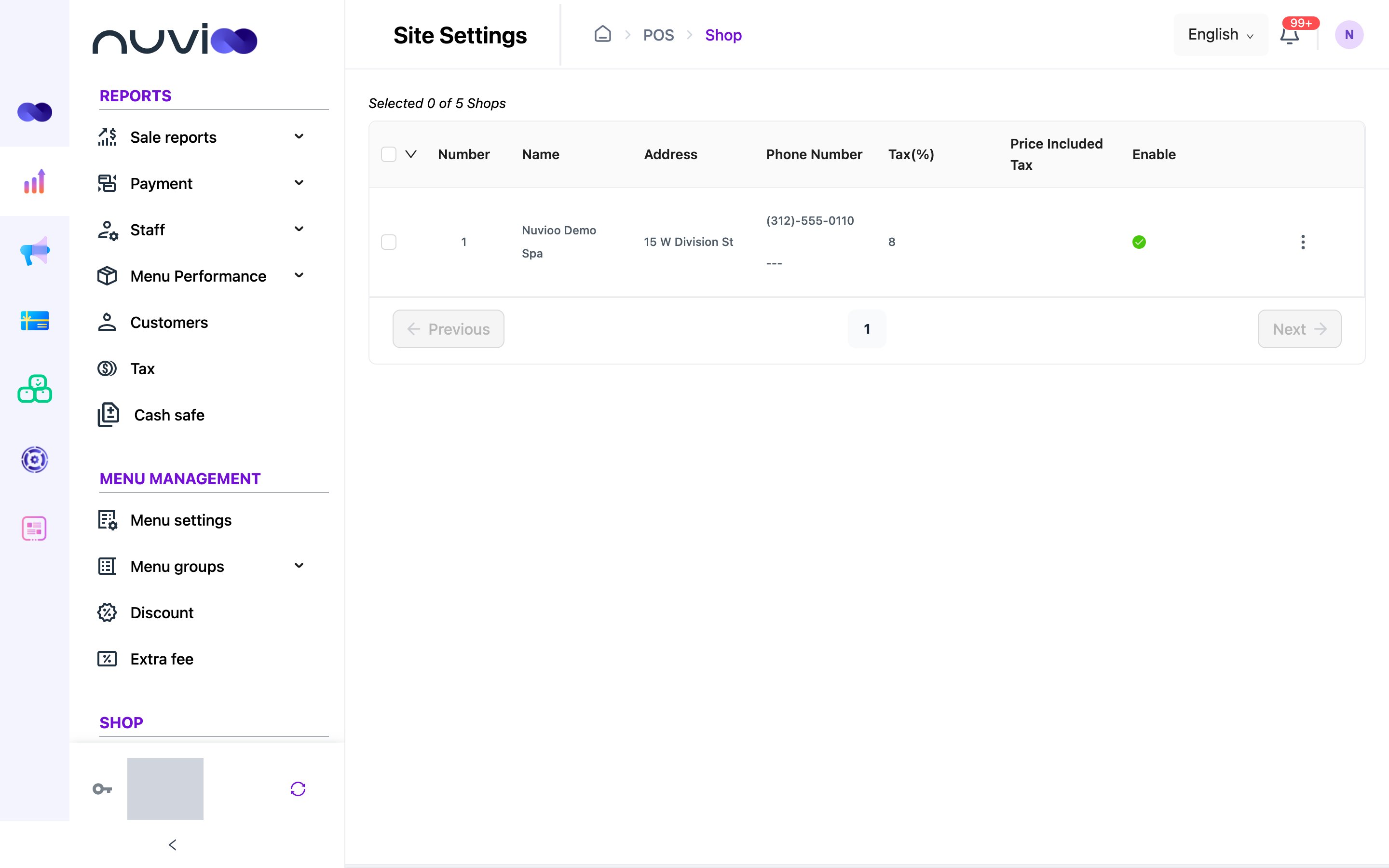 Site Settings list with one location