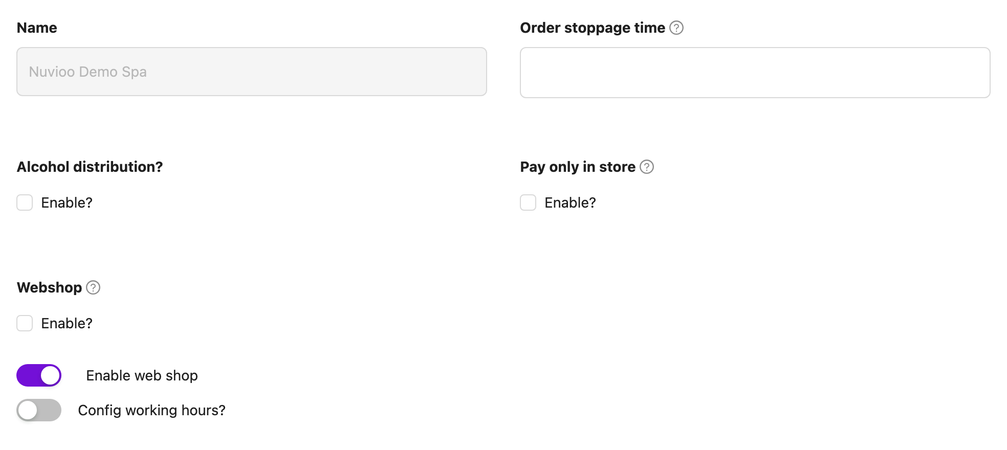 Update Site setting form with order stoppage time, alcohol distribution, pay only in store, webshop, enable web shop and working hours