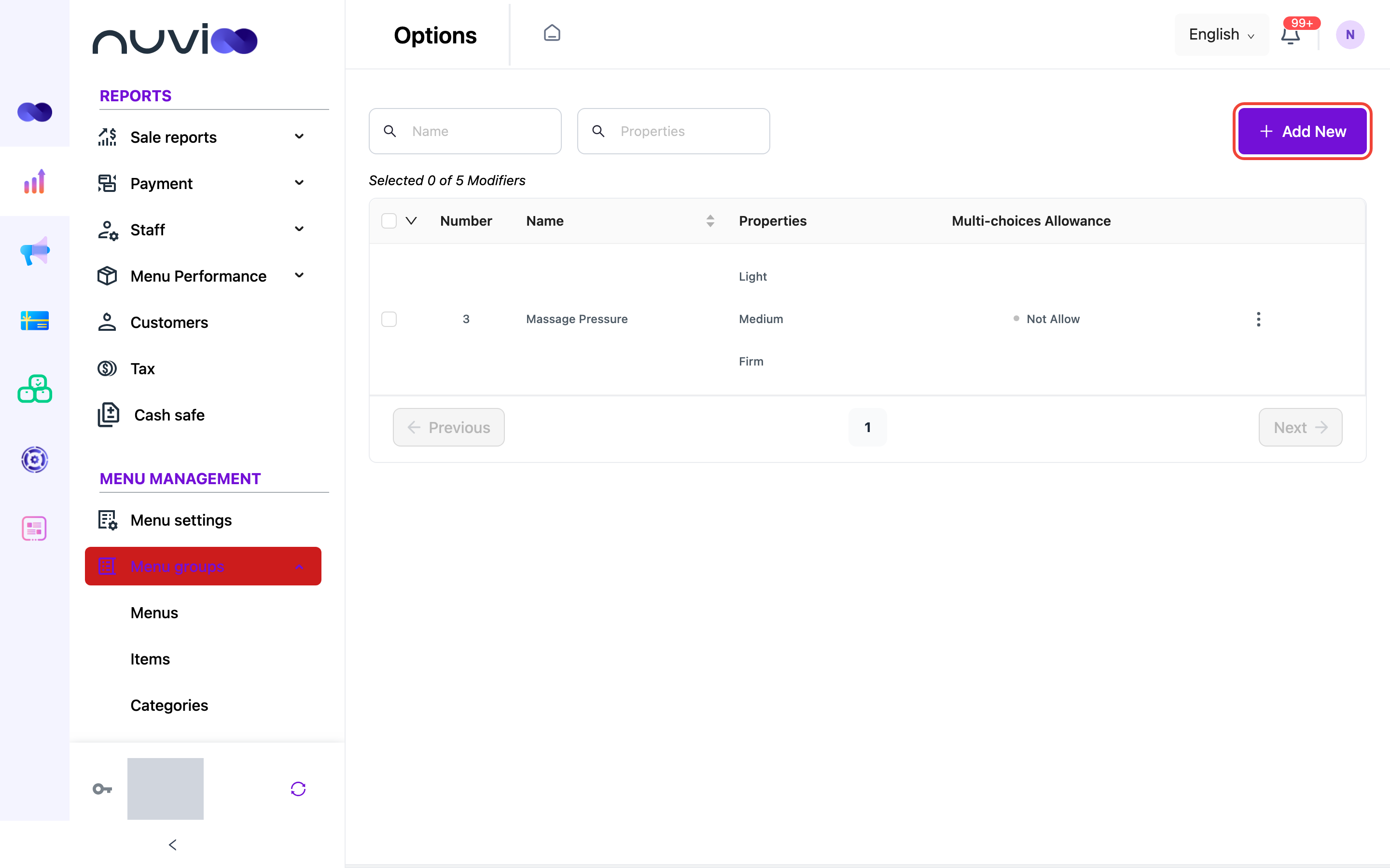 Options list with Massage Pressure and its properties
