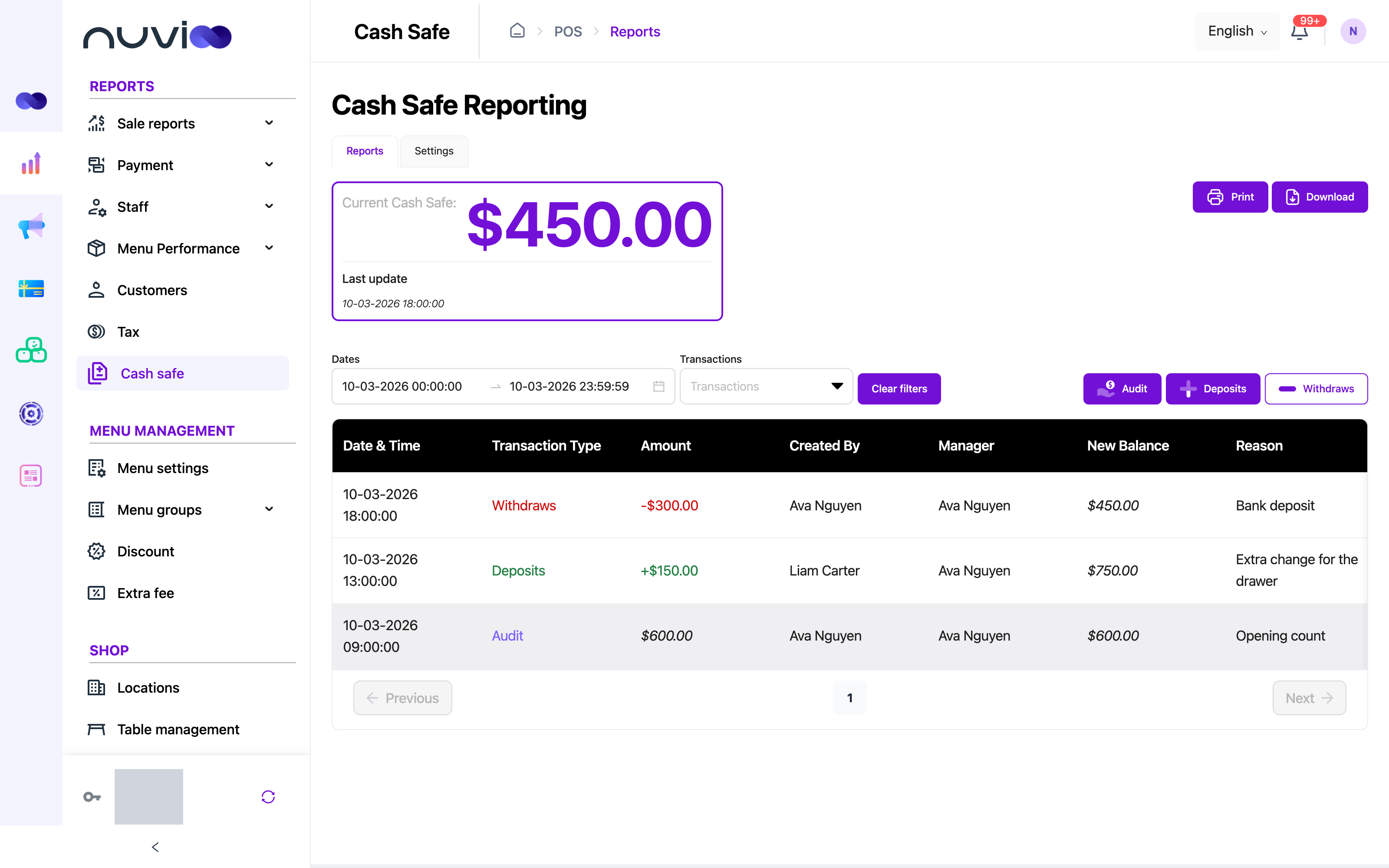 Cash Safe Reporting with current cash safe balance and a table of a withdrawal, a deposit and an audit