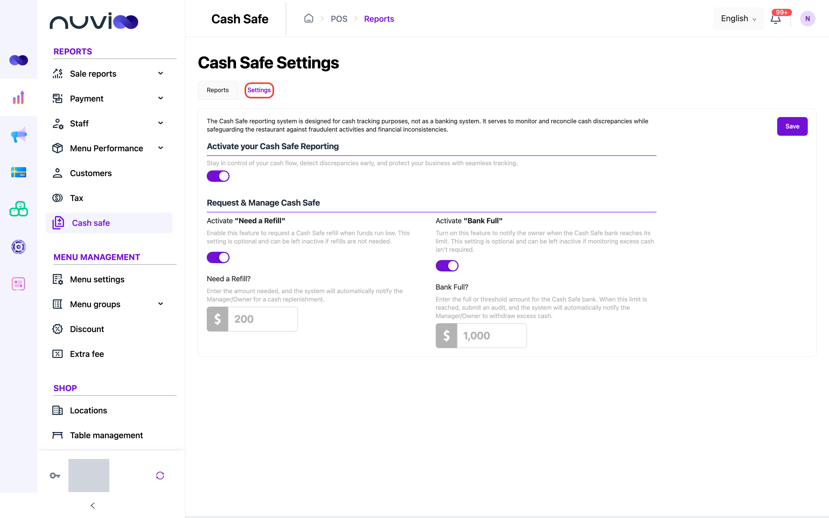 Cash Safe Settings tab with cash safe reporting on, and Need a Refill and Bank Full reminders with their amounts