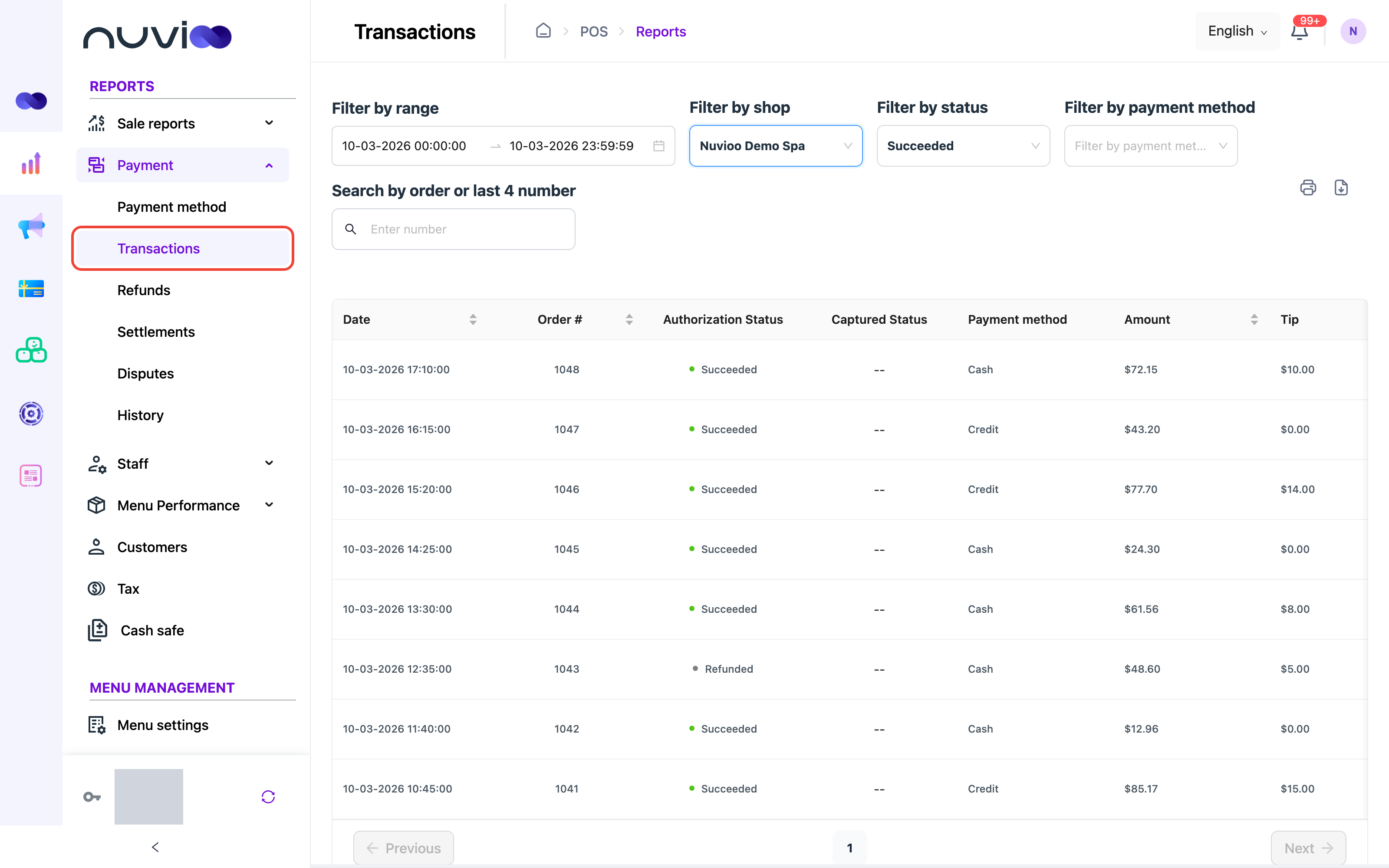 Transactions table with date, order number, authorization status, captured status, payment method, amount and tip