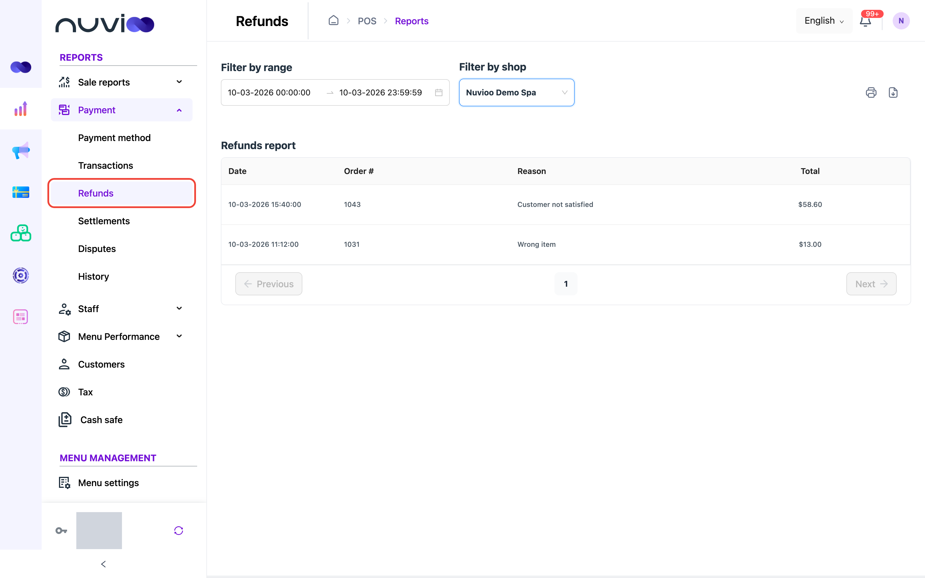 Refunds report with date, order number, reason and total