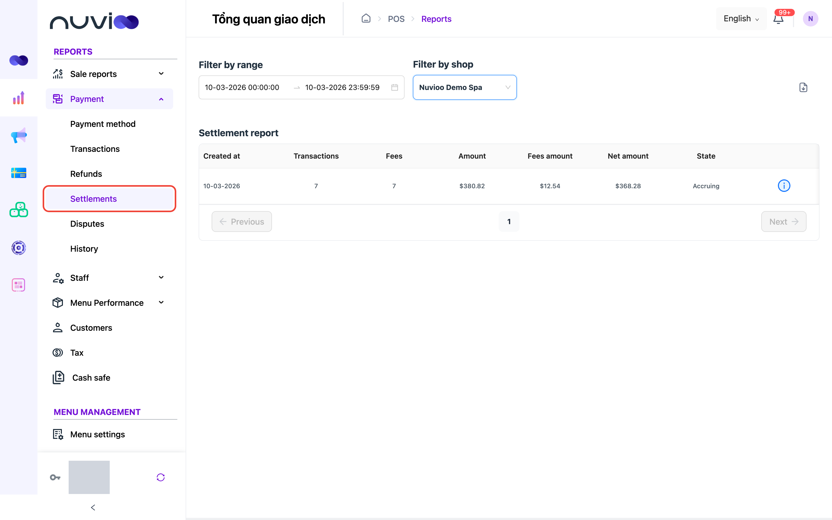 Settlement report with created date, transactions, fees, amount, fees amount, net amount and state