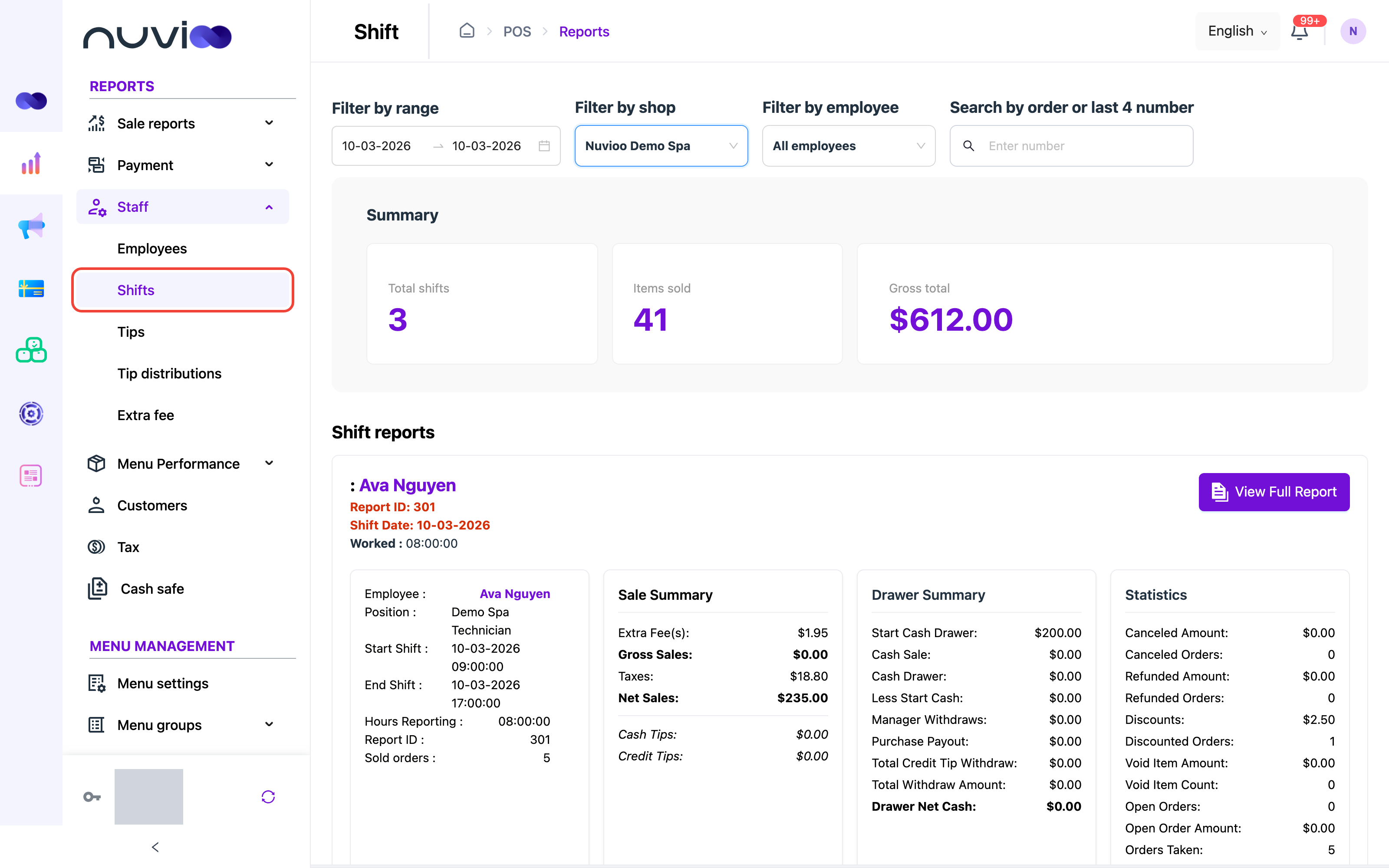 Shift report summary cards and one employee's shift report with sale summary, drawer summary and statistics