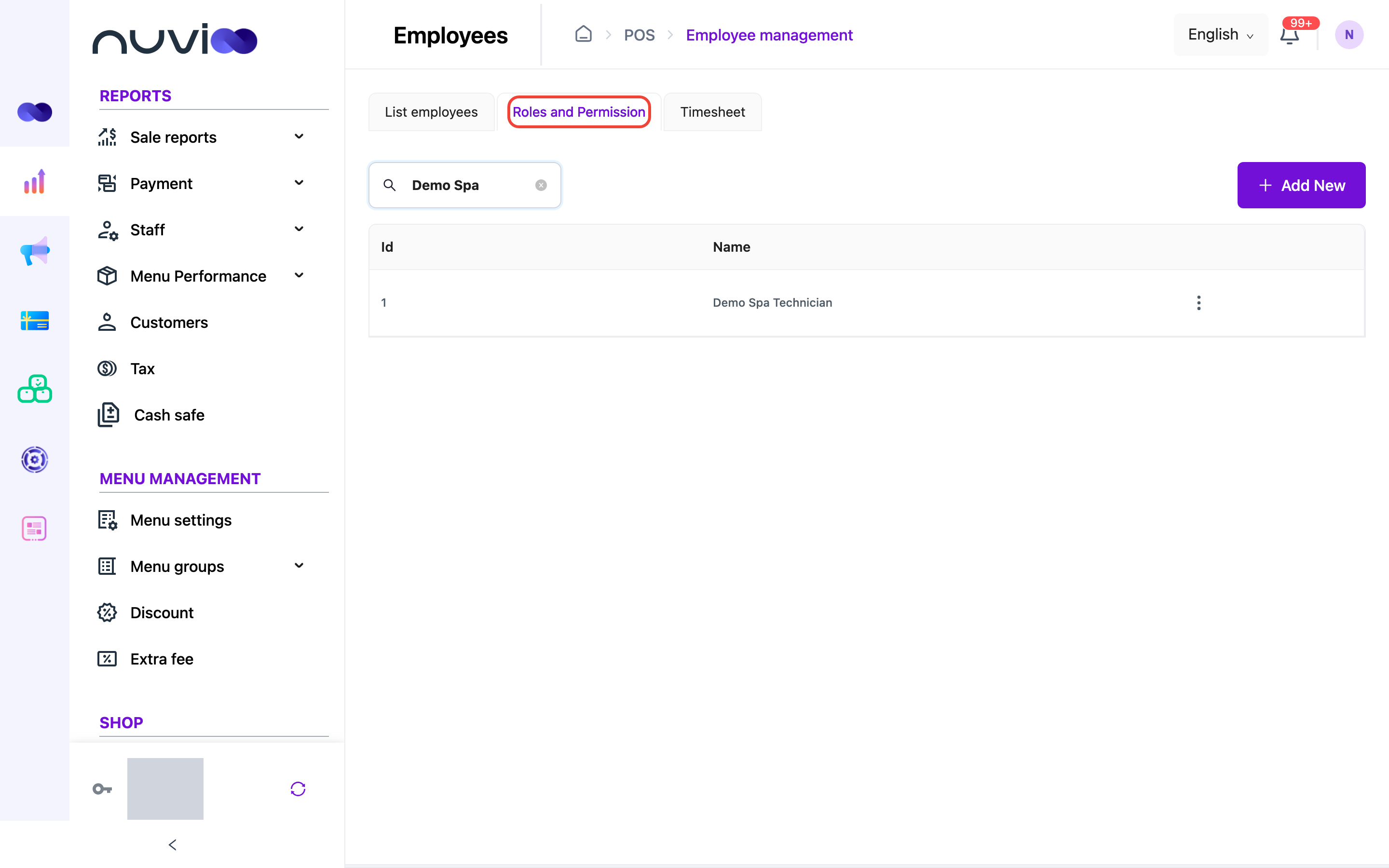 Roles and Permission tab searched for Demo Spa